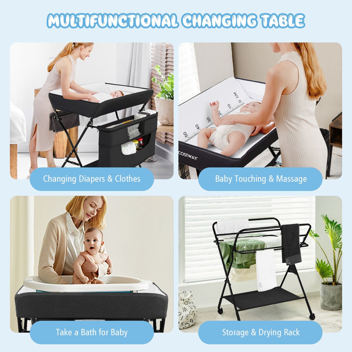 Folding Changing Table with 4-Level Adjustable Height and Wheels