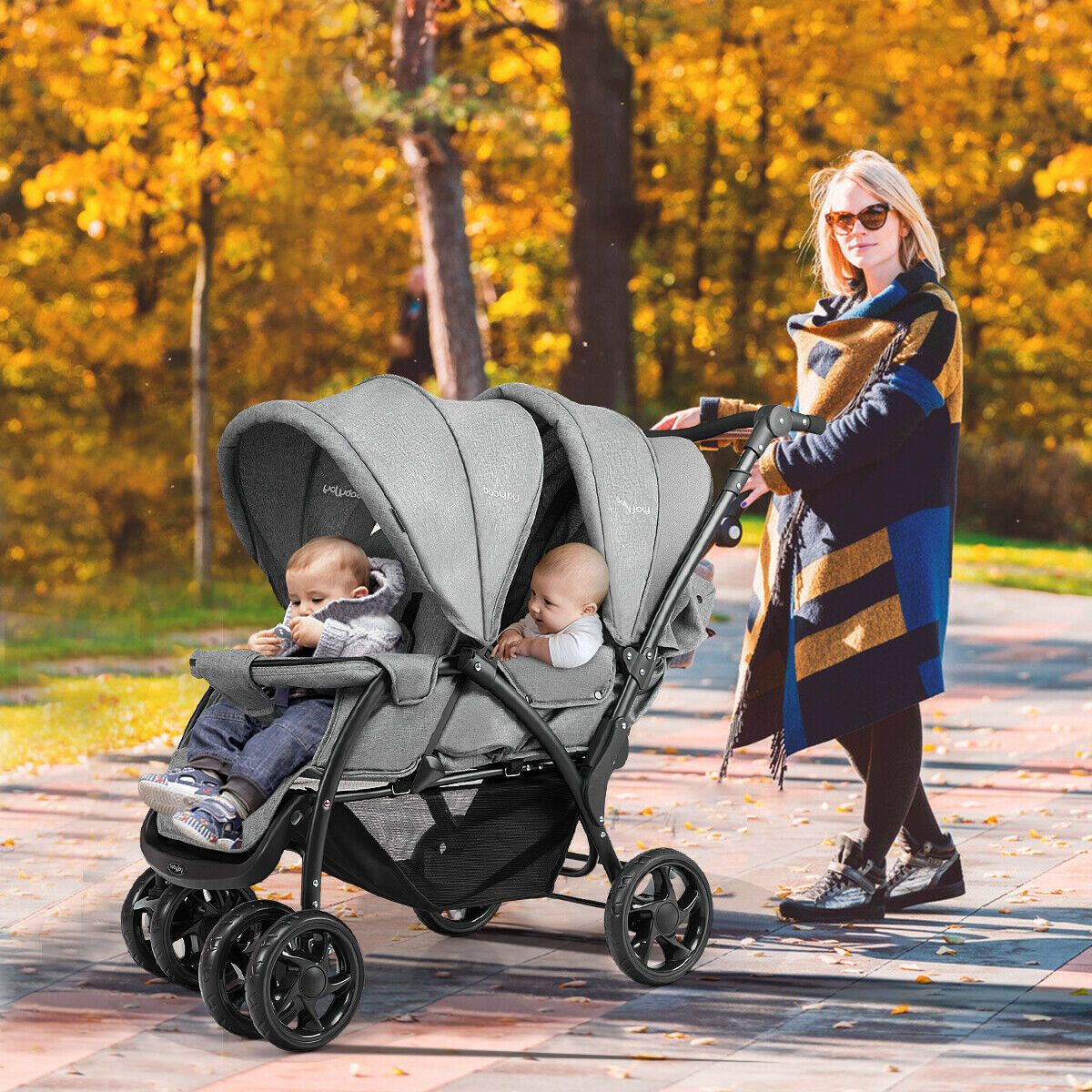 Double Pushchair with Adjustable Backrest and Sunshade