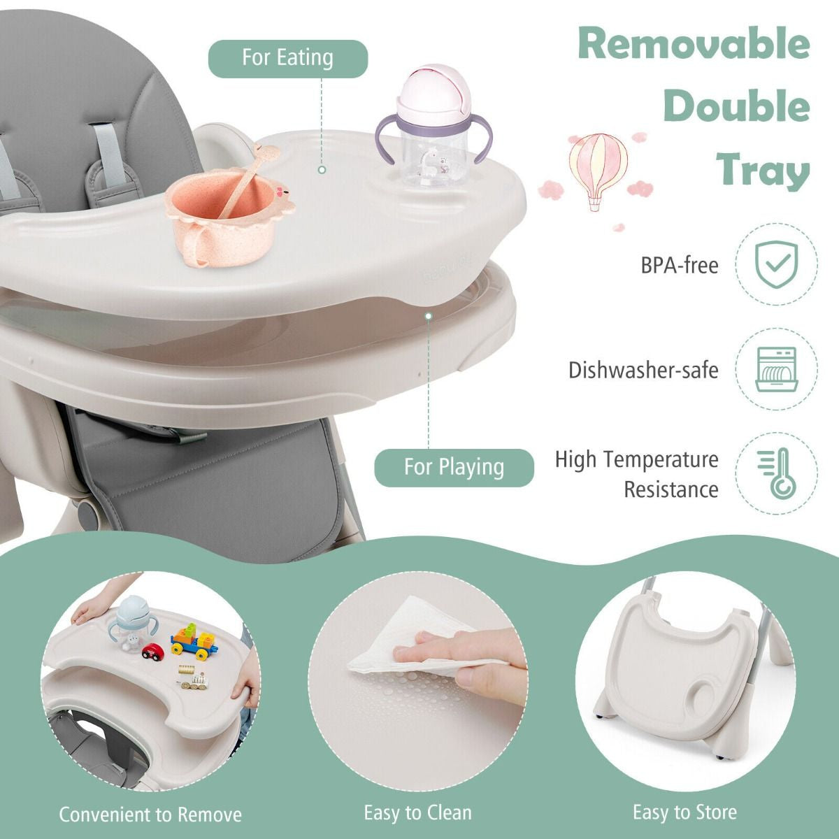 Foldable Convertible Baby High Chair with Adjustable Height and Removable Tray