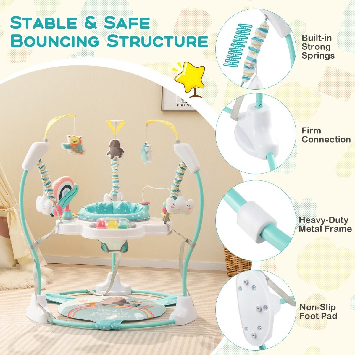 Baby Stationary Activity Center with 360° Rotary Seat and 3 Adjustable Heights for 6 Months+