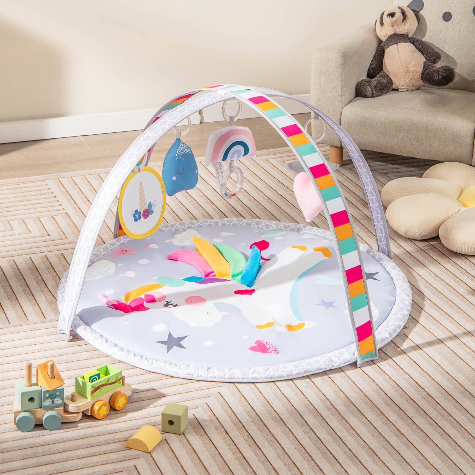Baby Play Gym Mat 7-In-1 Tummy Time Activity with 5 Detachable Toys