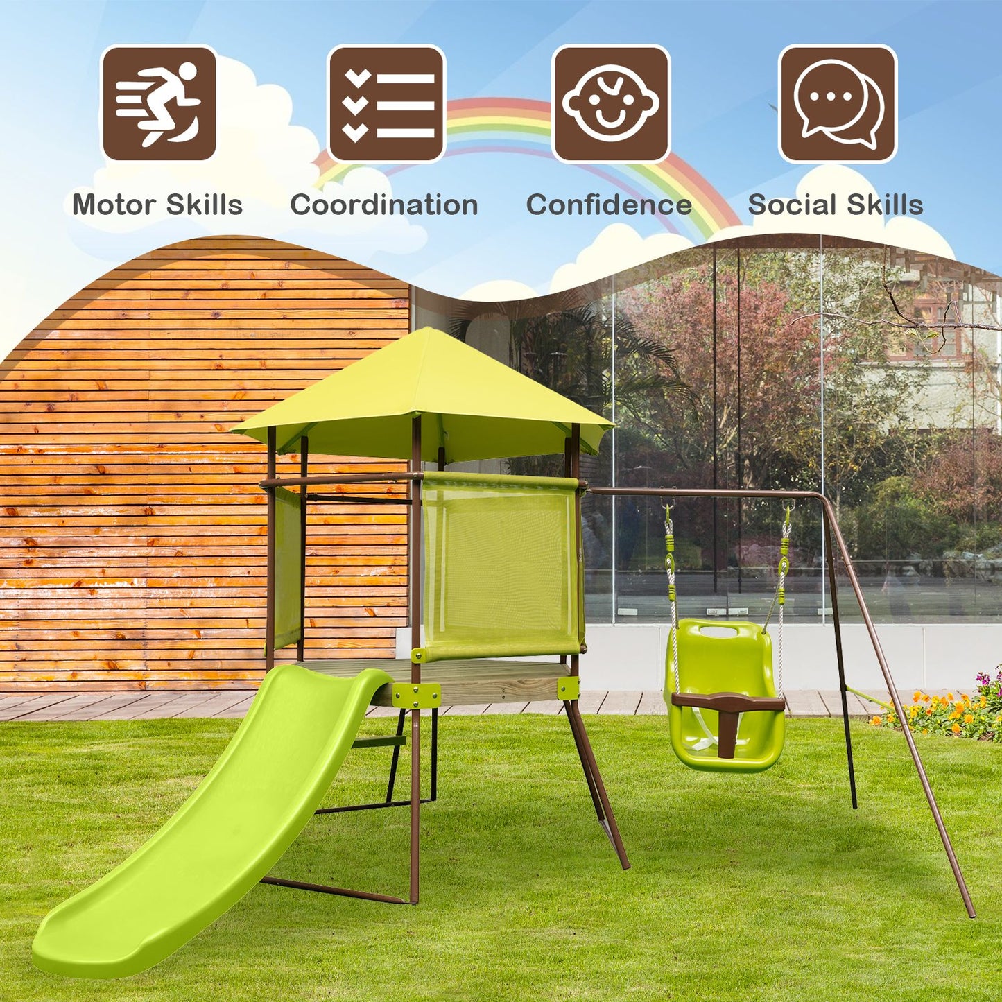 4-In-1 Swing Set with Height Adjustable Baby Seat, Metal Stand and Ground Stakes
