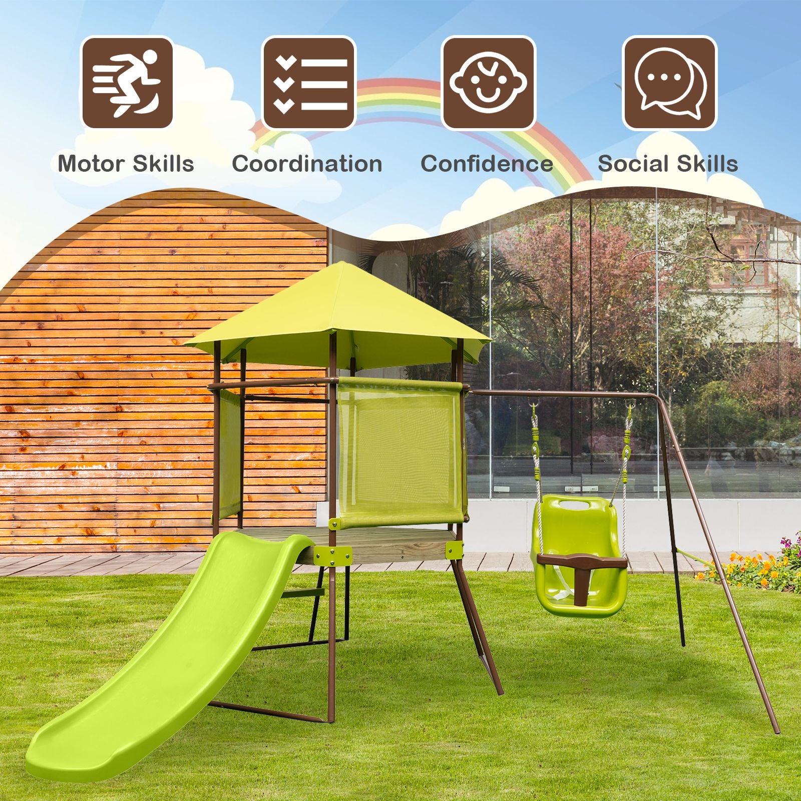 4-In-1 Swing Set with Height Adjustable Baby Seat, Metal Stand and Ground Stakes