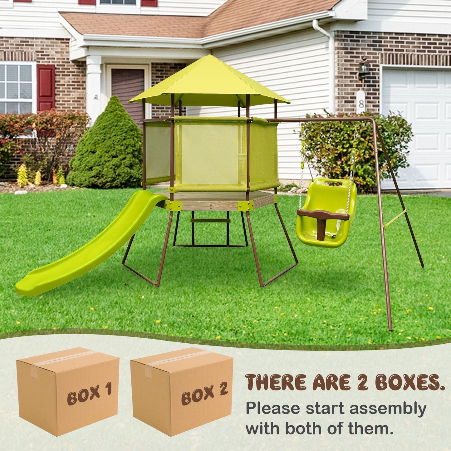 4-In-1 Swing Set with Height Adjustable Baby Seat, Metal Stand and Ground Stakes