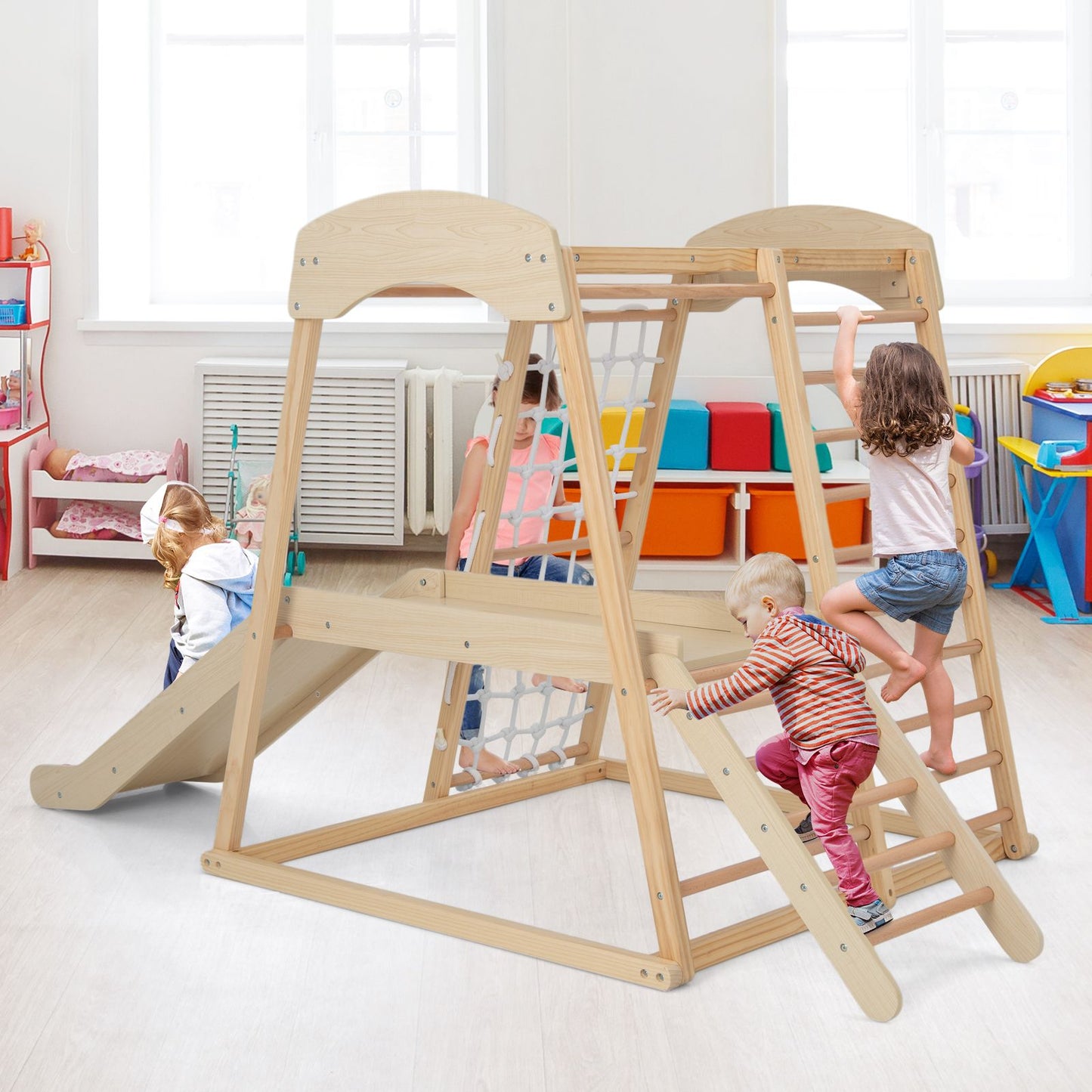 6-In-1 Indoor Jungle Gym Kids Wooden Playground Climber Playset