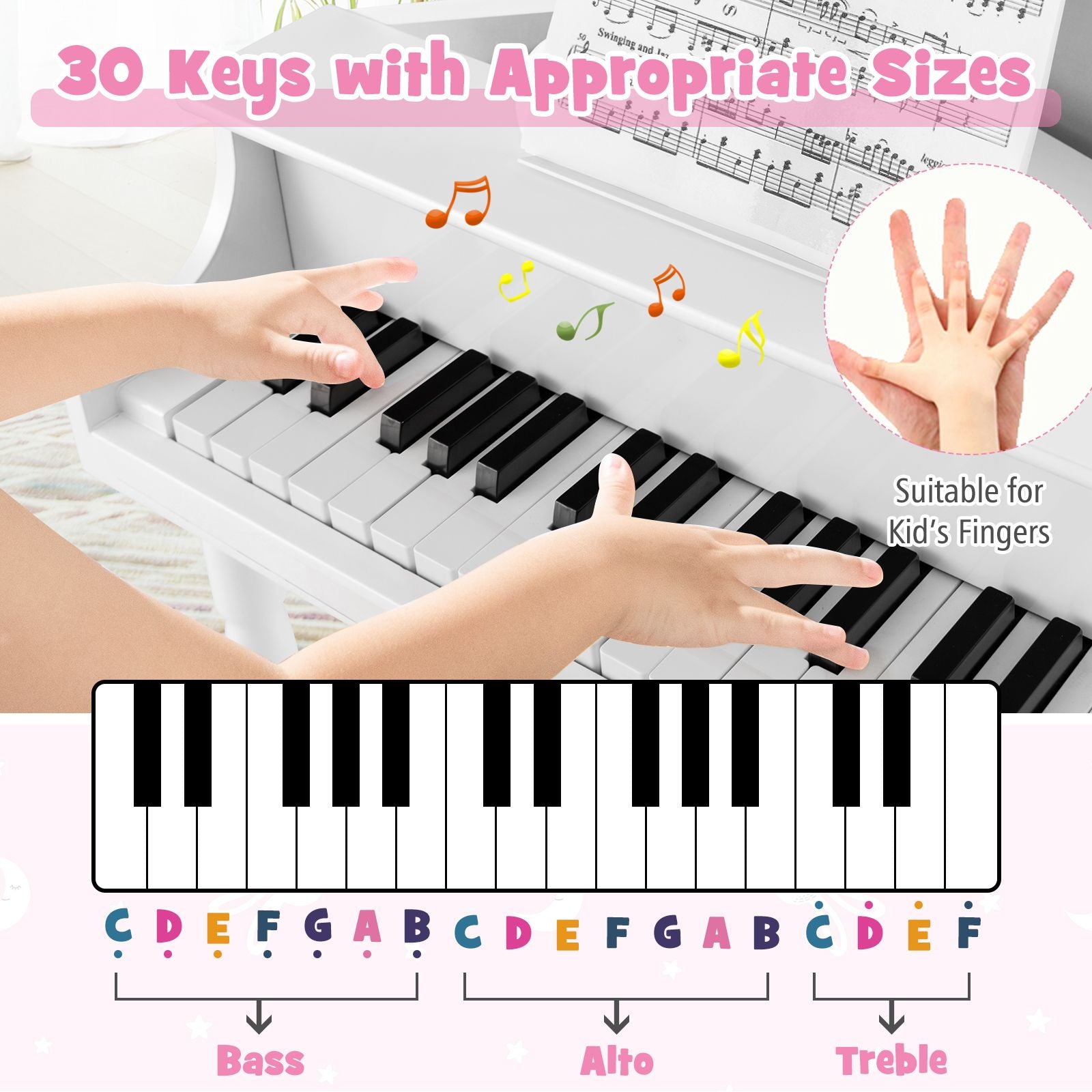30-Key Classical Learn-To-Play Musical Instrument Toy with Music Stand and Solid Wood Legs