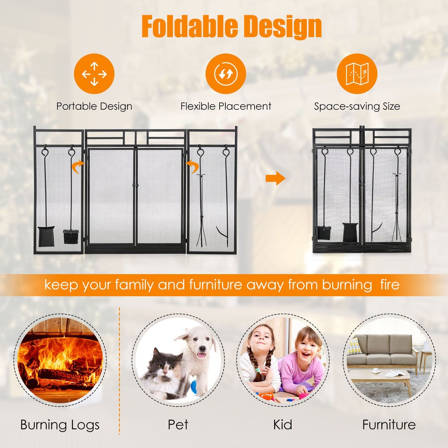 3-Panel Folding Fireplace Screen with Fireplace Tools Set