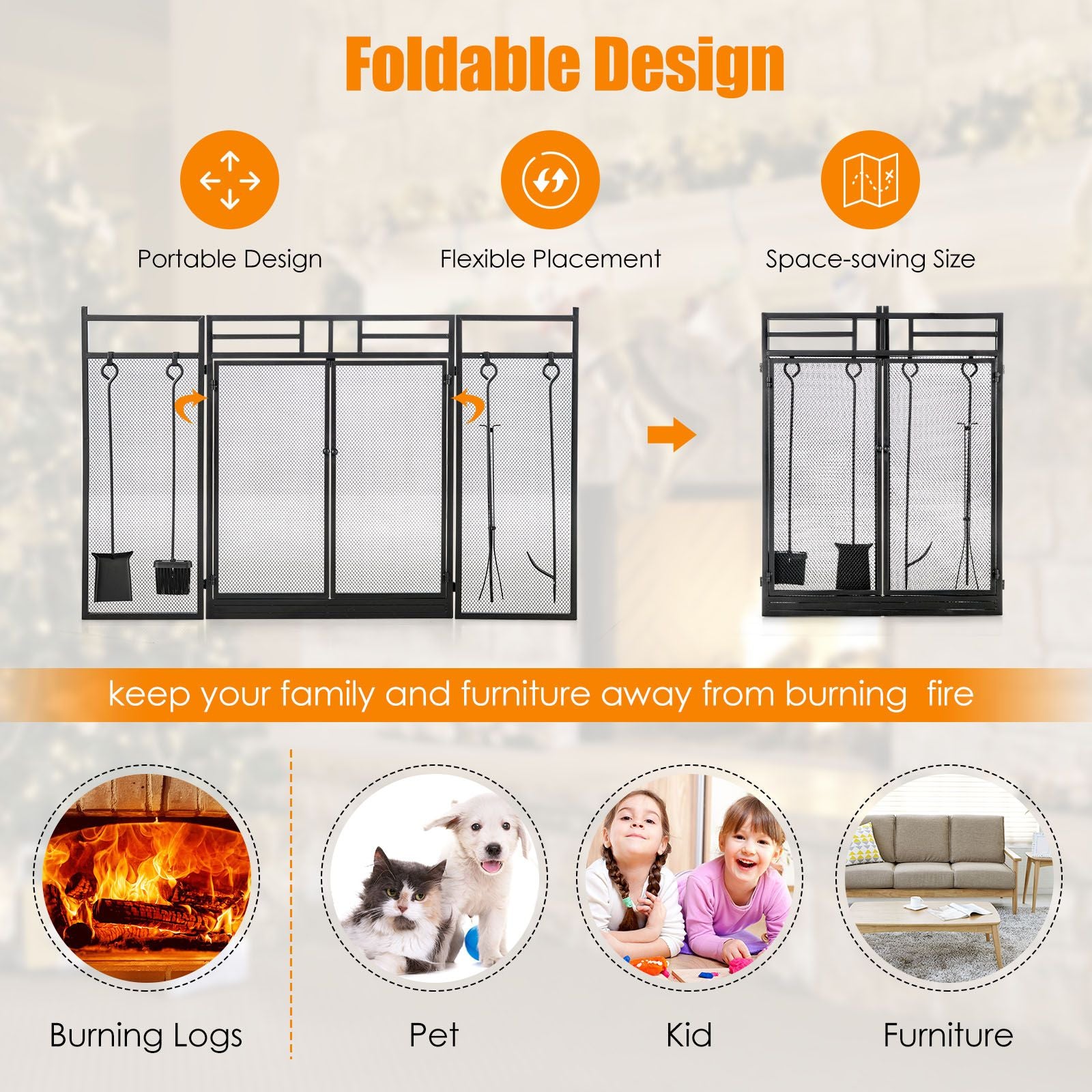 3-Panel Folding Fireplace Screen with Fireplace Tools Set