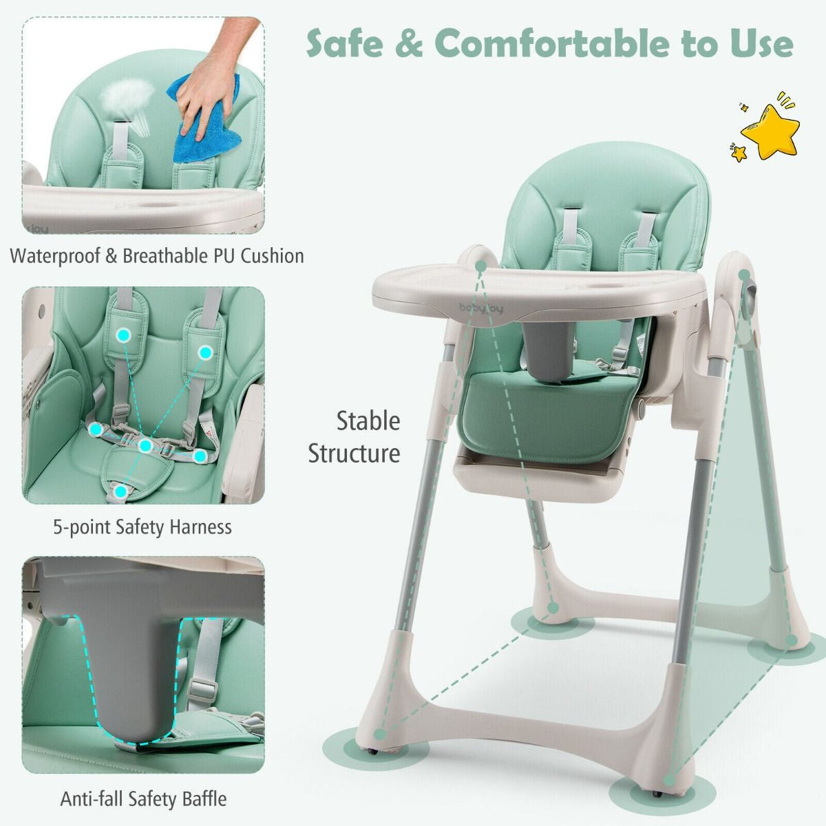 Foldable Convertible Baby High Chair with Adjustable Height and Removable Tray