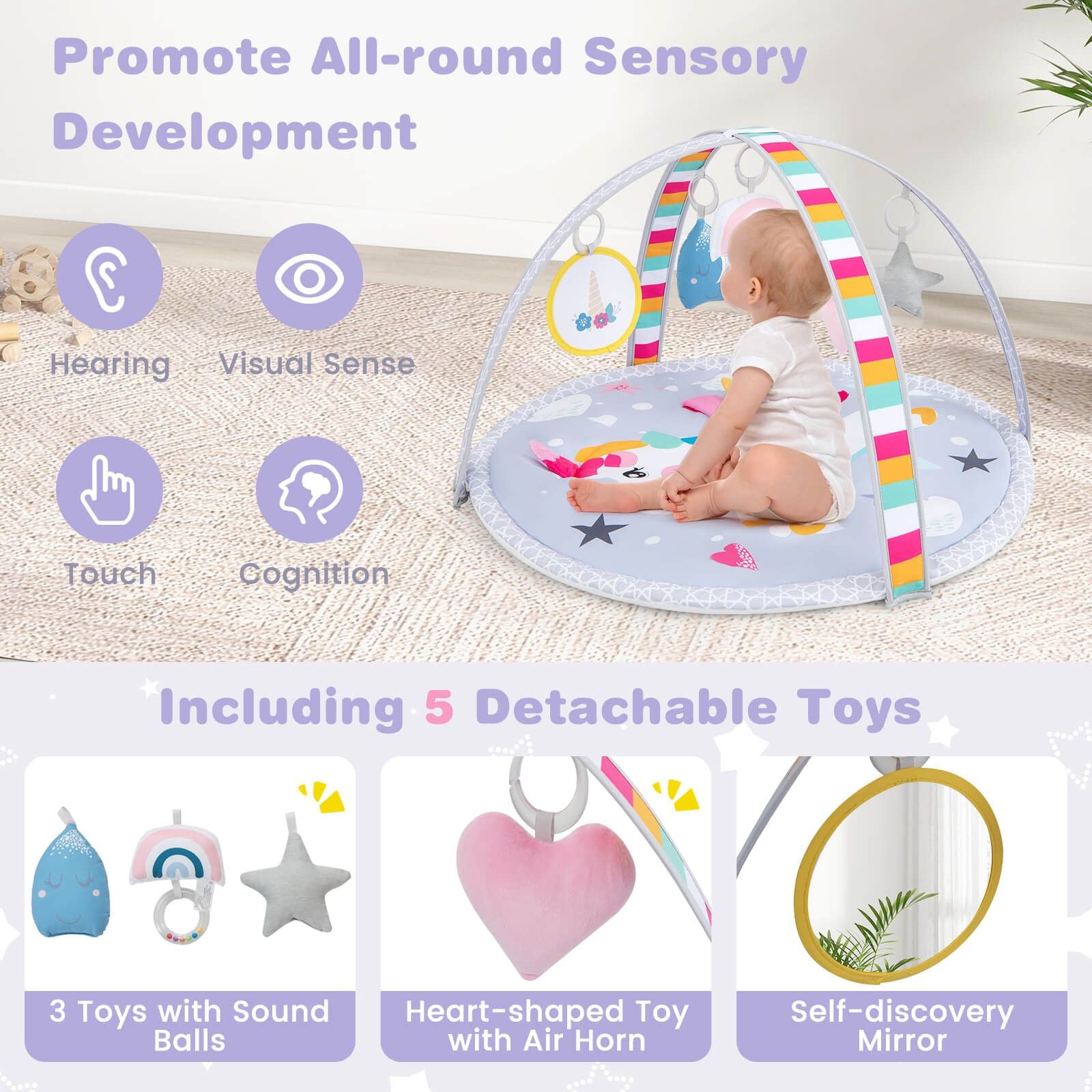 Baby Play Gym Mat 7-In-1 Tummy Time Activity with 5 Detachable Toys