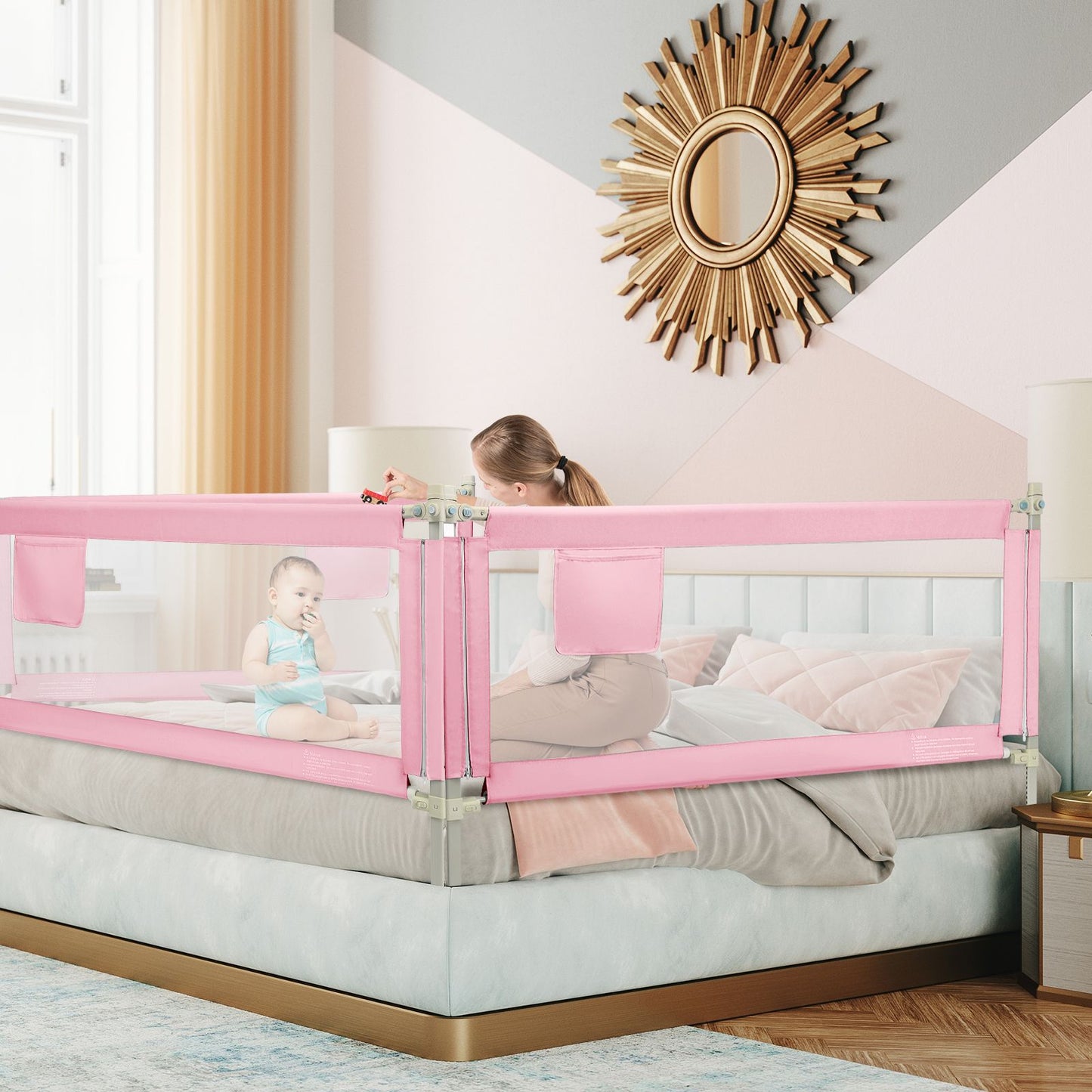 175 Cm Infant Safety Bed Guardrail with Anti-Collision Cotton and Side Pocket