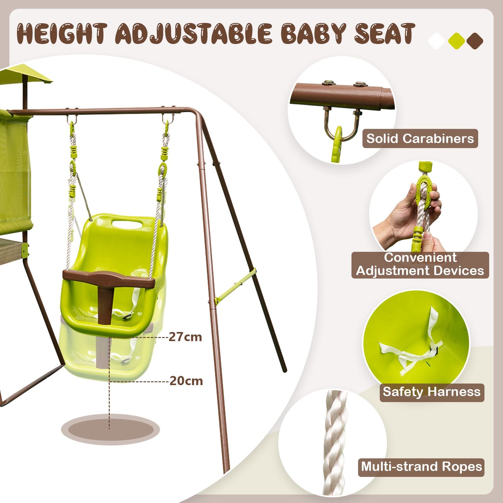 4-In-1 Swing Set with Height Adjustable Baby Seat, Metal Stand and Ground Stakes
