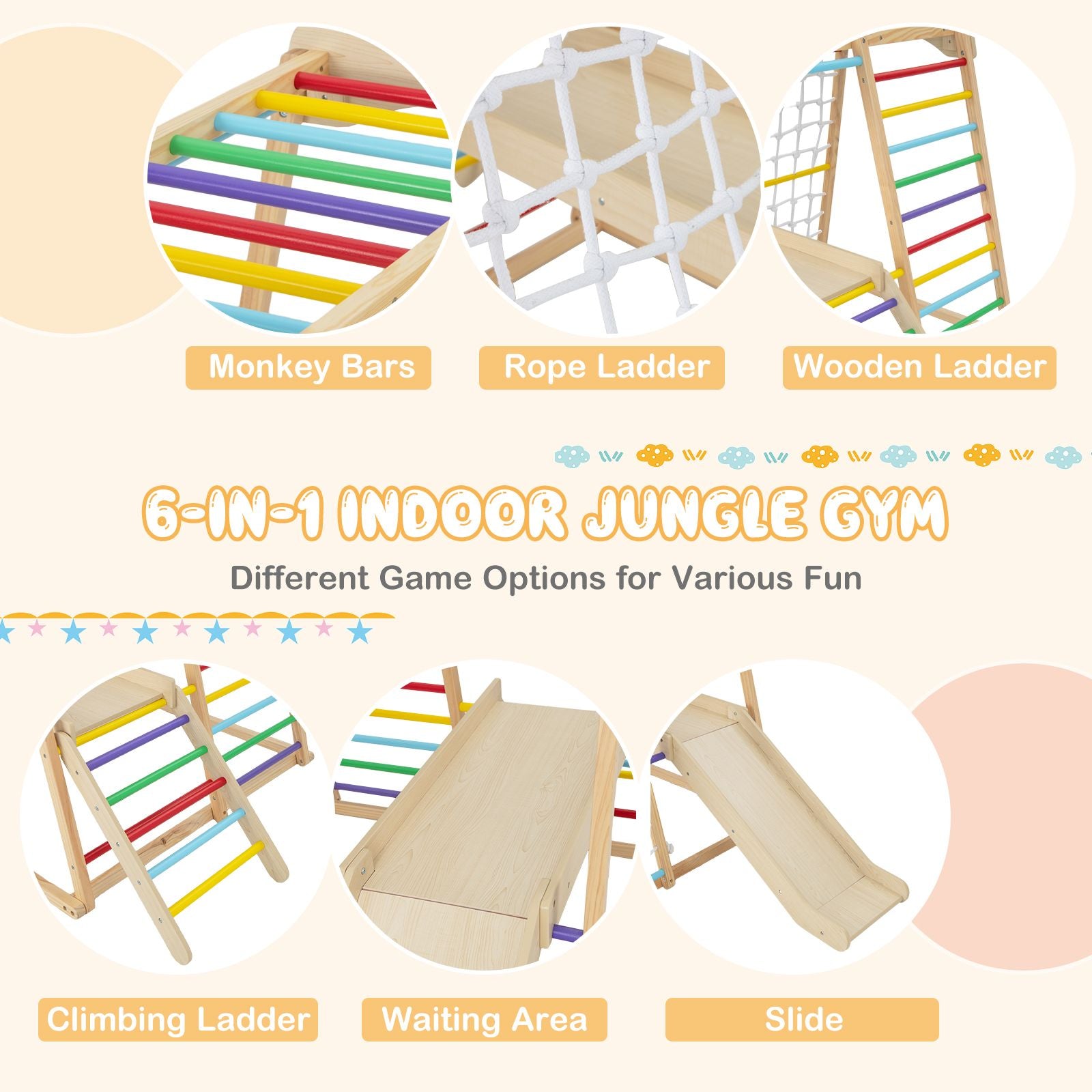 6-In-1 Indoor Jungle Gym Kids Wooden Playground Climber Playset