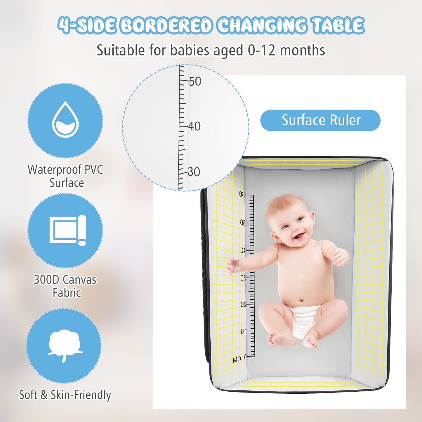 Folding Changing Table with 4-Level Adjustable Height and Wheels