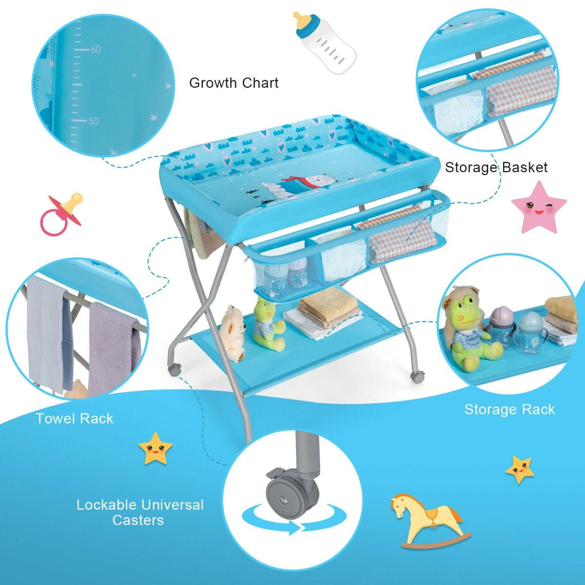 Rolling Baby Changing Table with Large Storage Basket