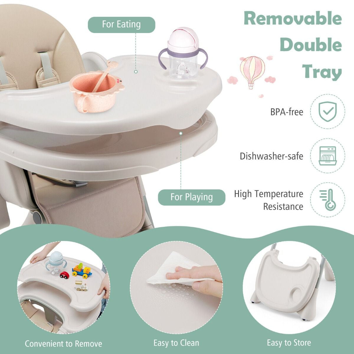 Foldable Convertible Baby High Chair with Adjustable Height and Removable Tray