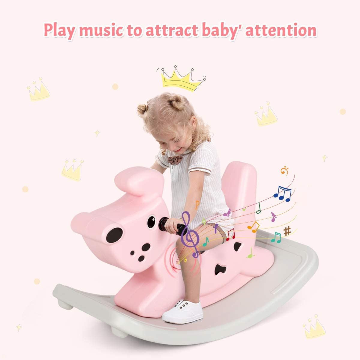 Kids Rocking Horse, Toddler Ride on Toy with Grip Handles, Music, and Lights