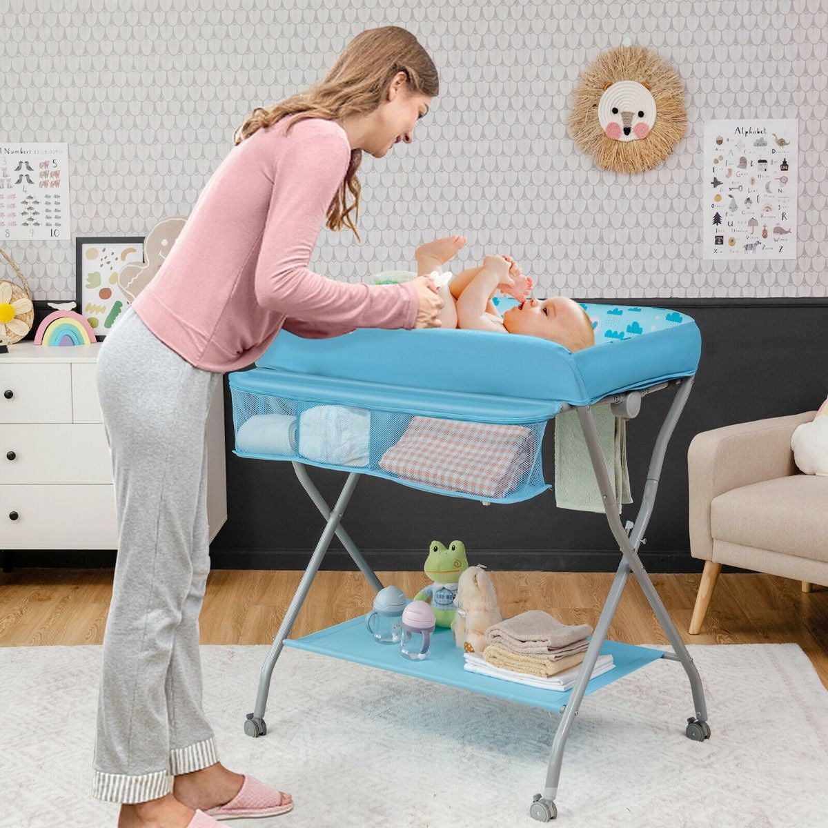 Rolling Baby Changing Table with Large Storage Basket