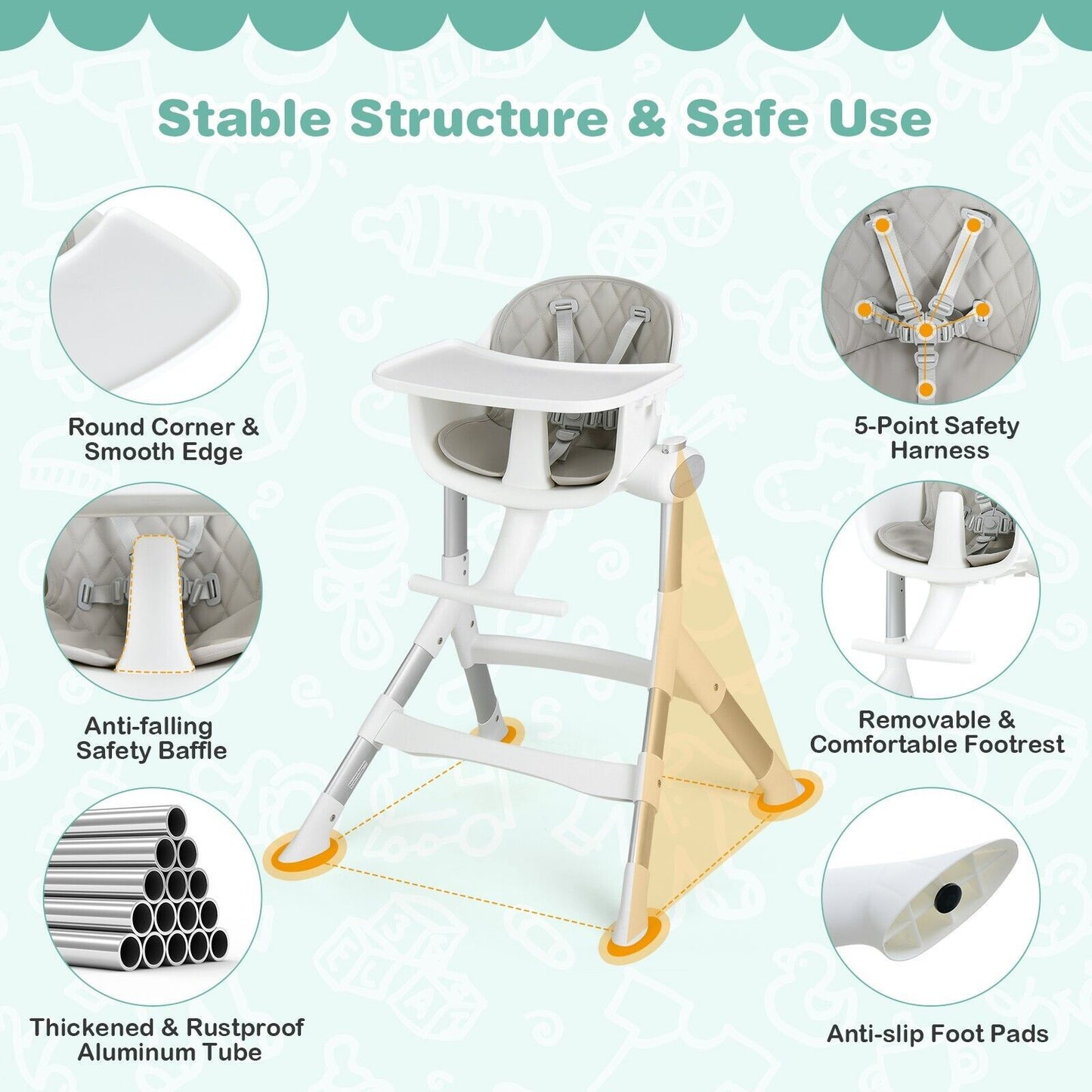 Adjustable Baby Highchair with Removable Tray and 5-Point Safety Harness