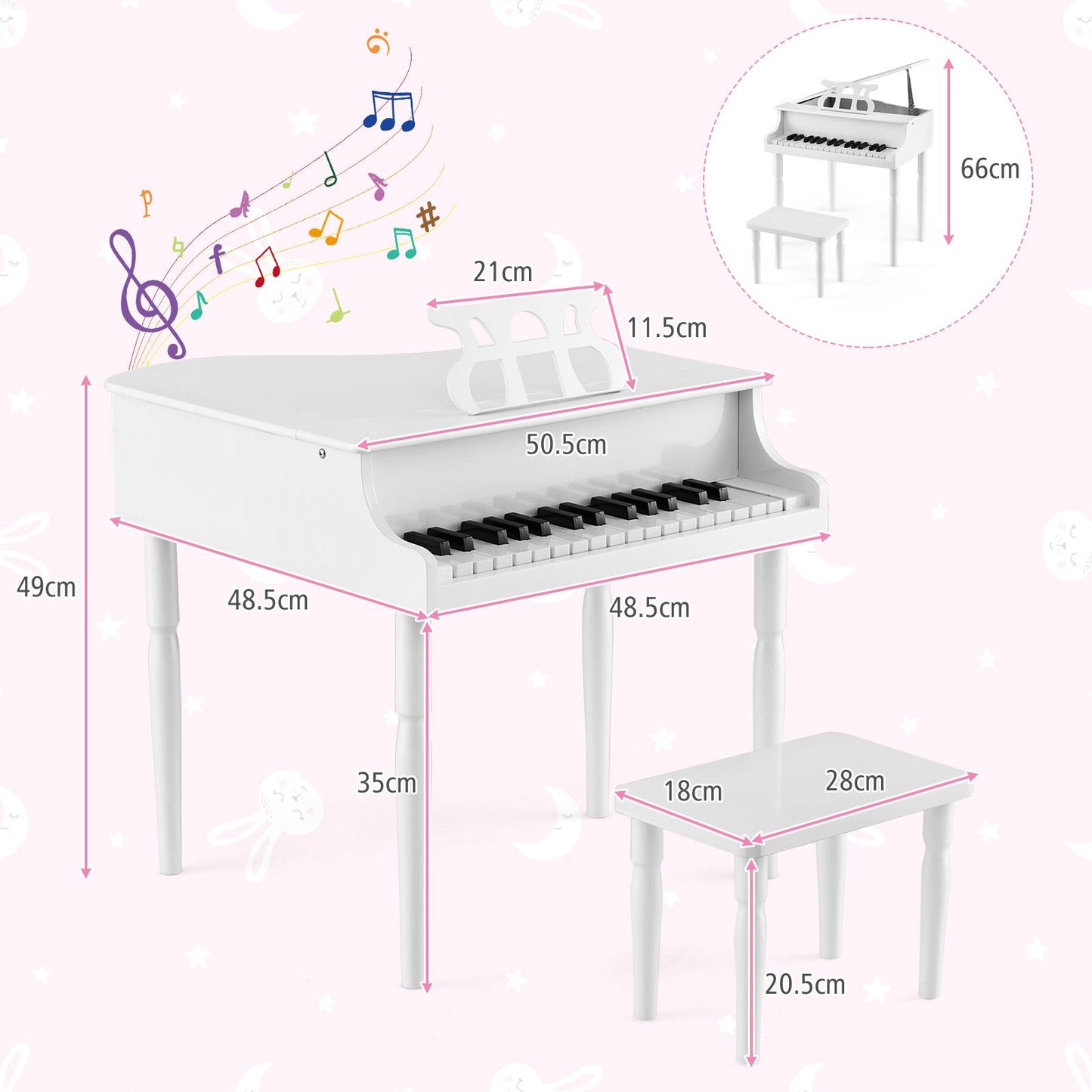 30-Key Classical Learn-To-Play Musical Instrument Toy with Music Stand and Solid Wood Legs