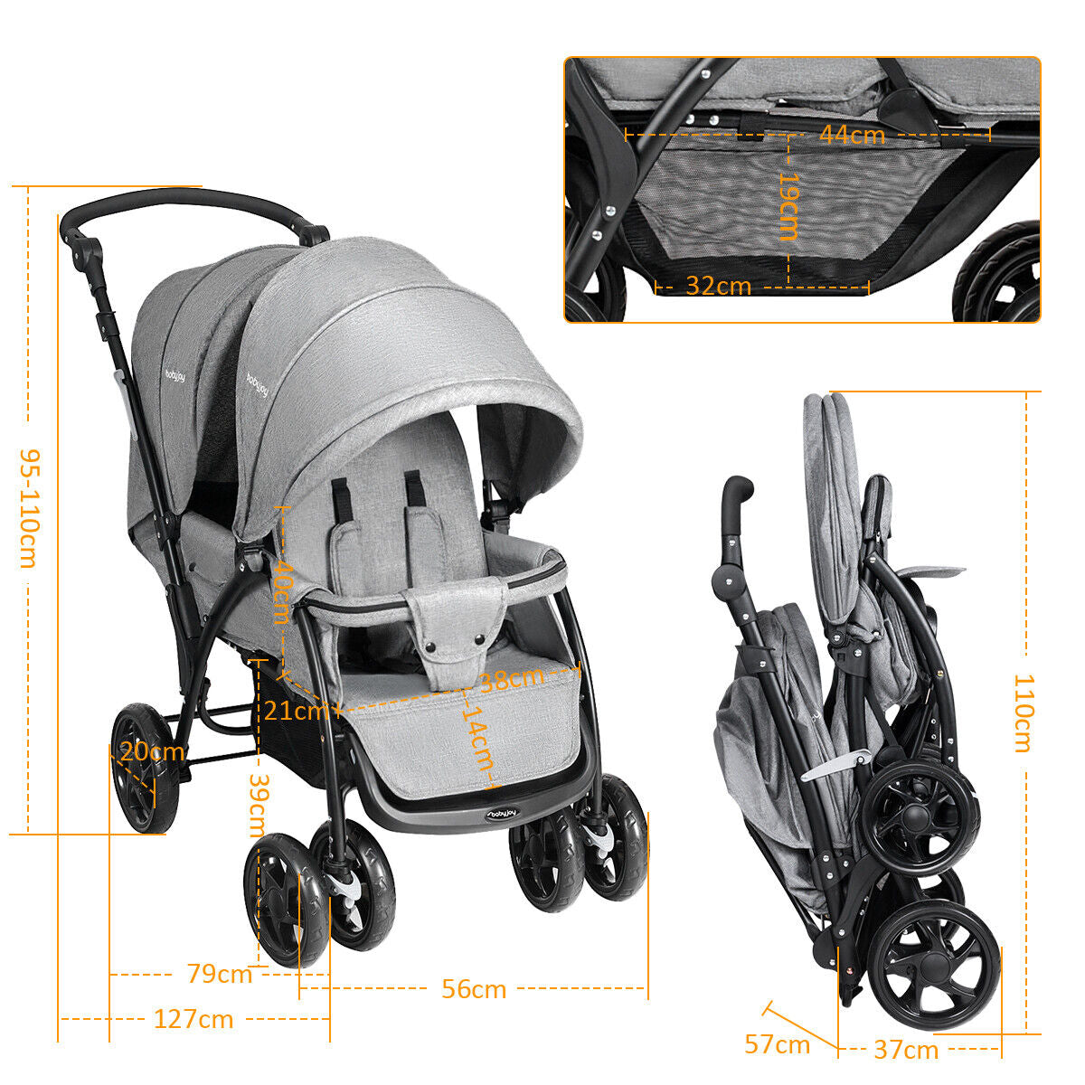 Baby Pram Double Seat Safety Belt Adjustable Backrest Buggy Pushchair Stroller