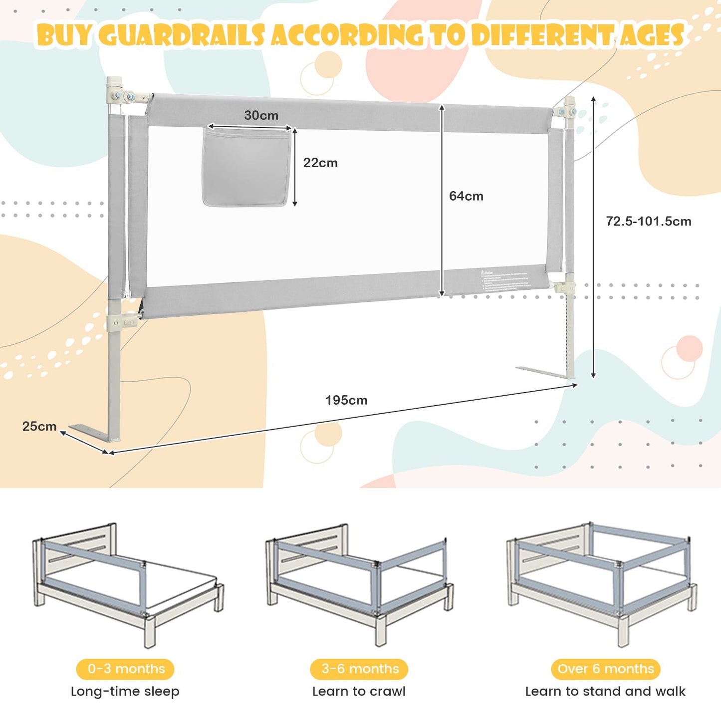 196Cm Height Adjustable Bed Rail with Double Safety Lock for Toddlers