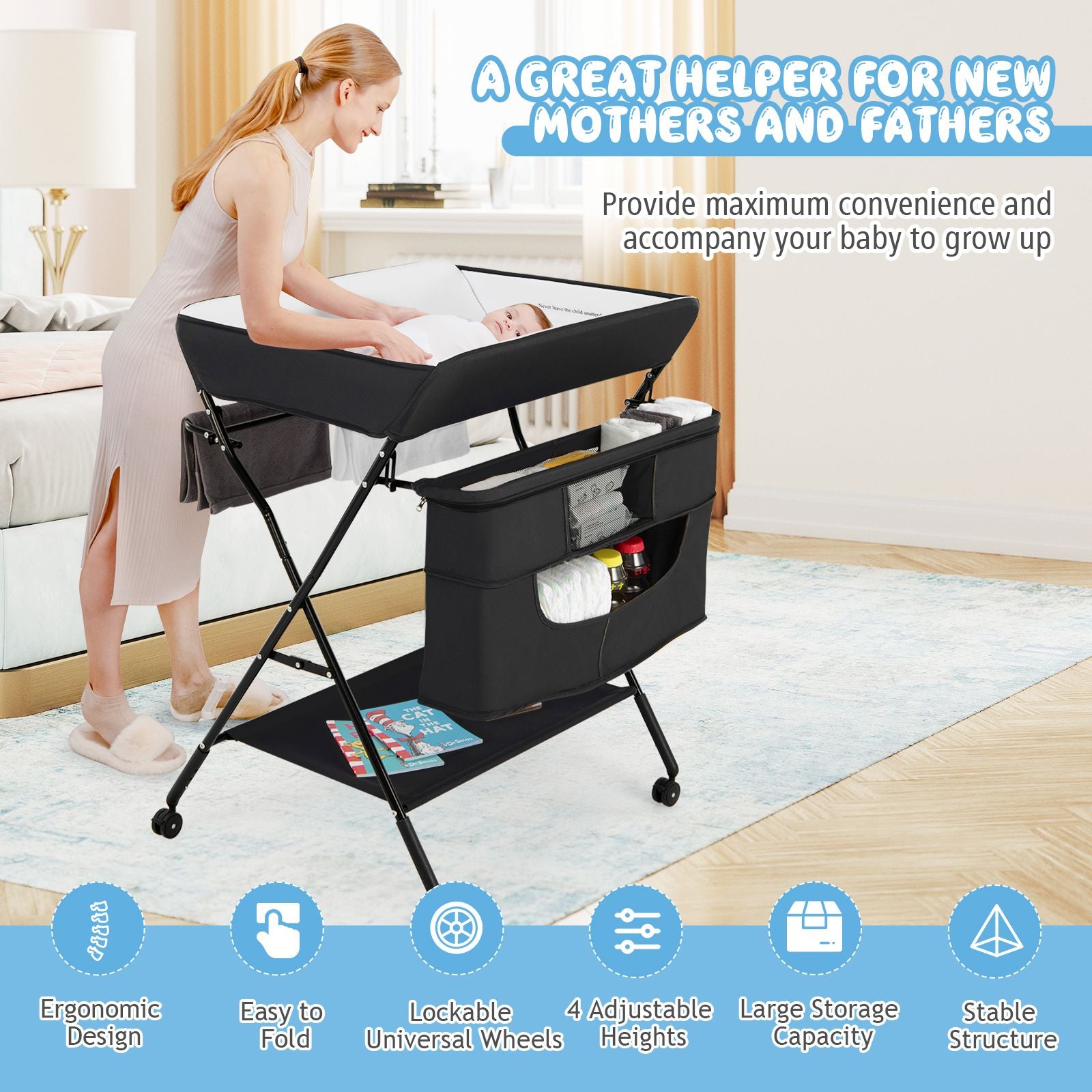Folding Changing Table with 4-Level Adjustable Height and Wheels