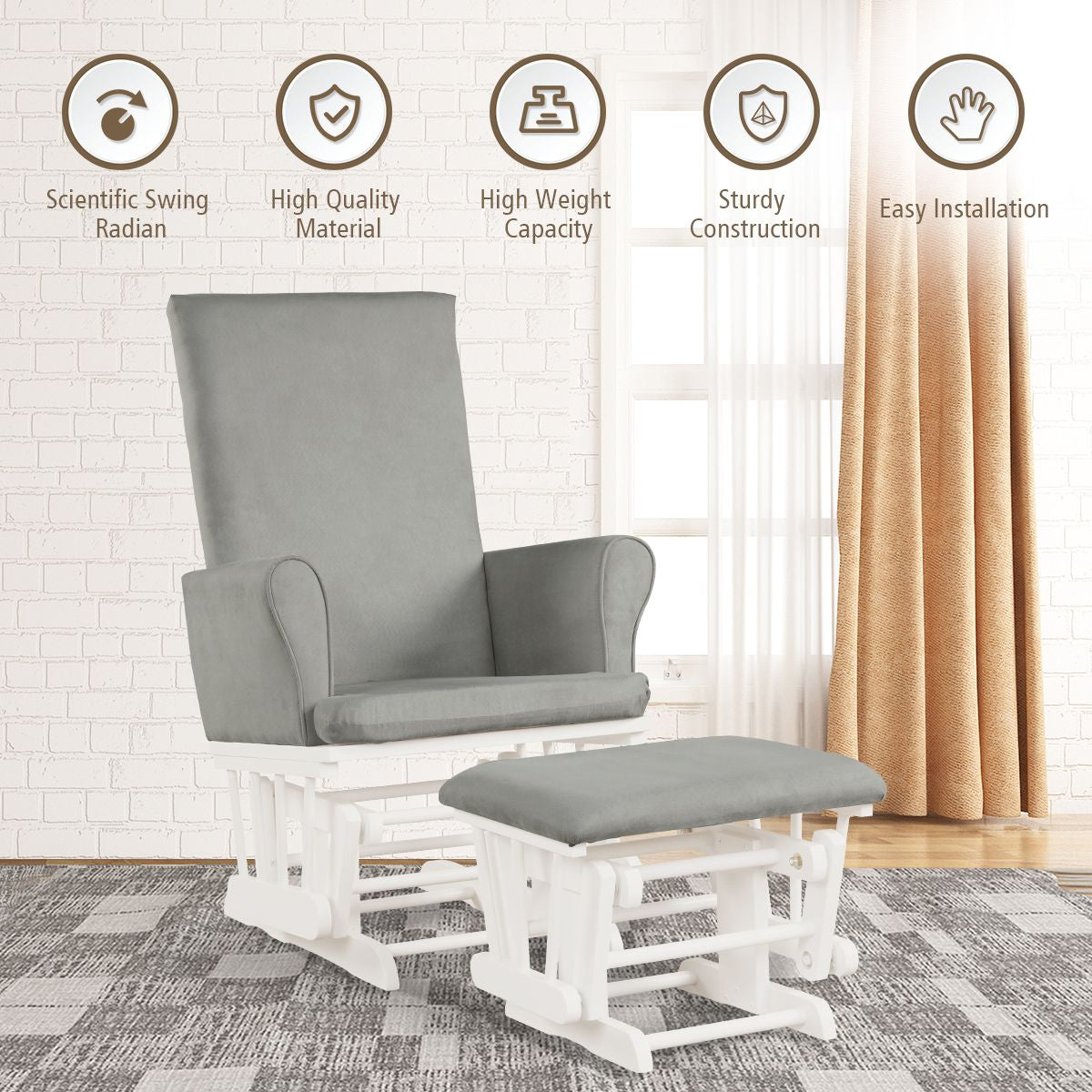 Hoop Glider and Ottoman Set with Solid Wooden Frame