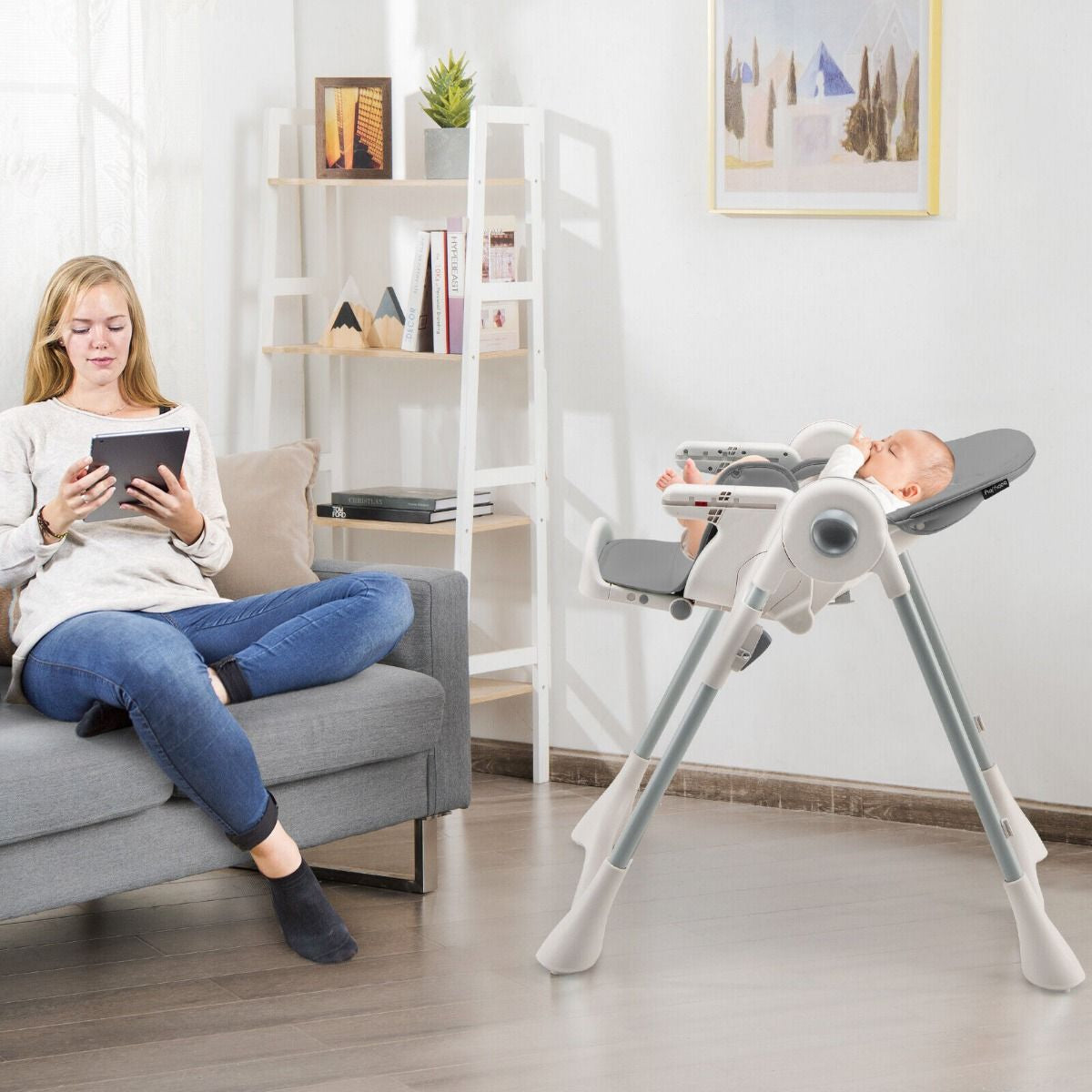 Foldable Convertible Baby High Chair with Adjustable Height and Removable Tray