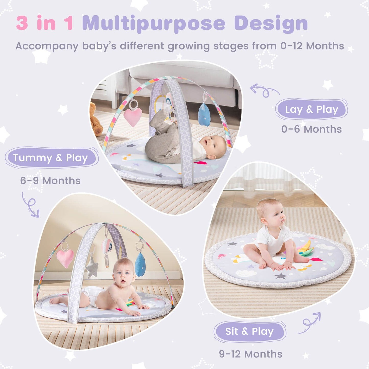 Baby Play Gym Mat 7-In-1 Tummy Time Activity with 5 Detachable Toys