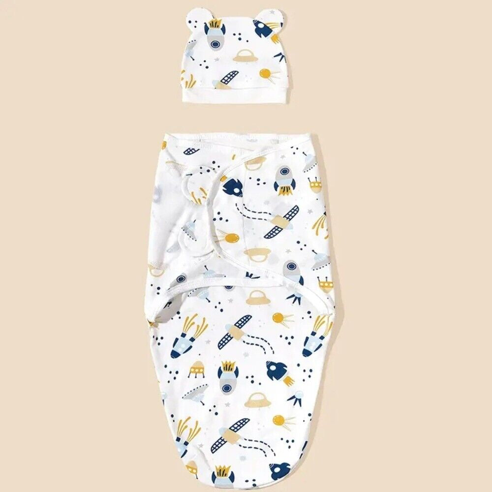 Soft Baby Swaddle Wrap Adjustable Newborn Wrap Baby Hat Set Birth Outfit