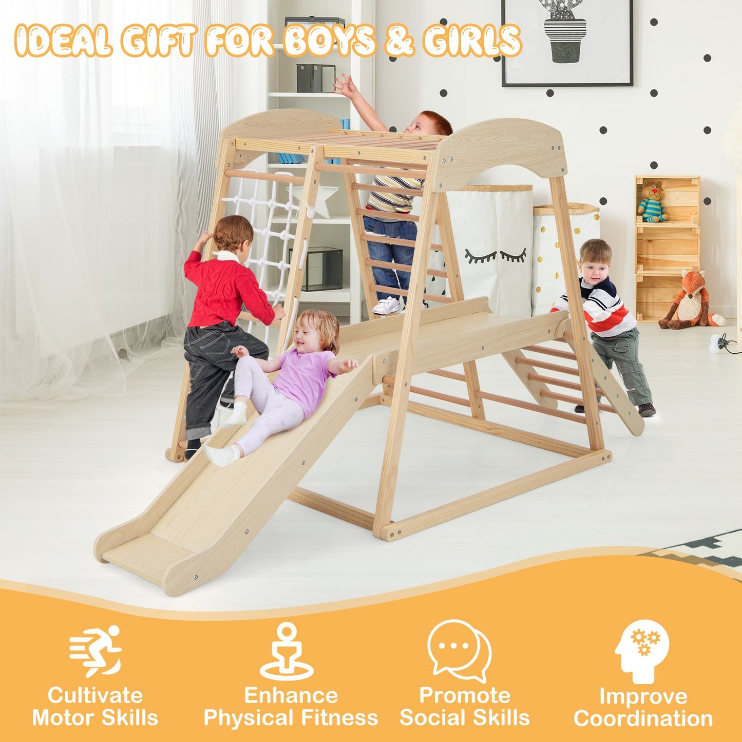 6-In-1 Indoor Jungle Gym Kids Wooden Playground Climber Playset
