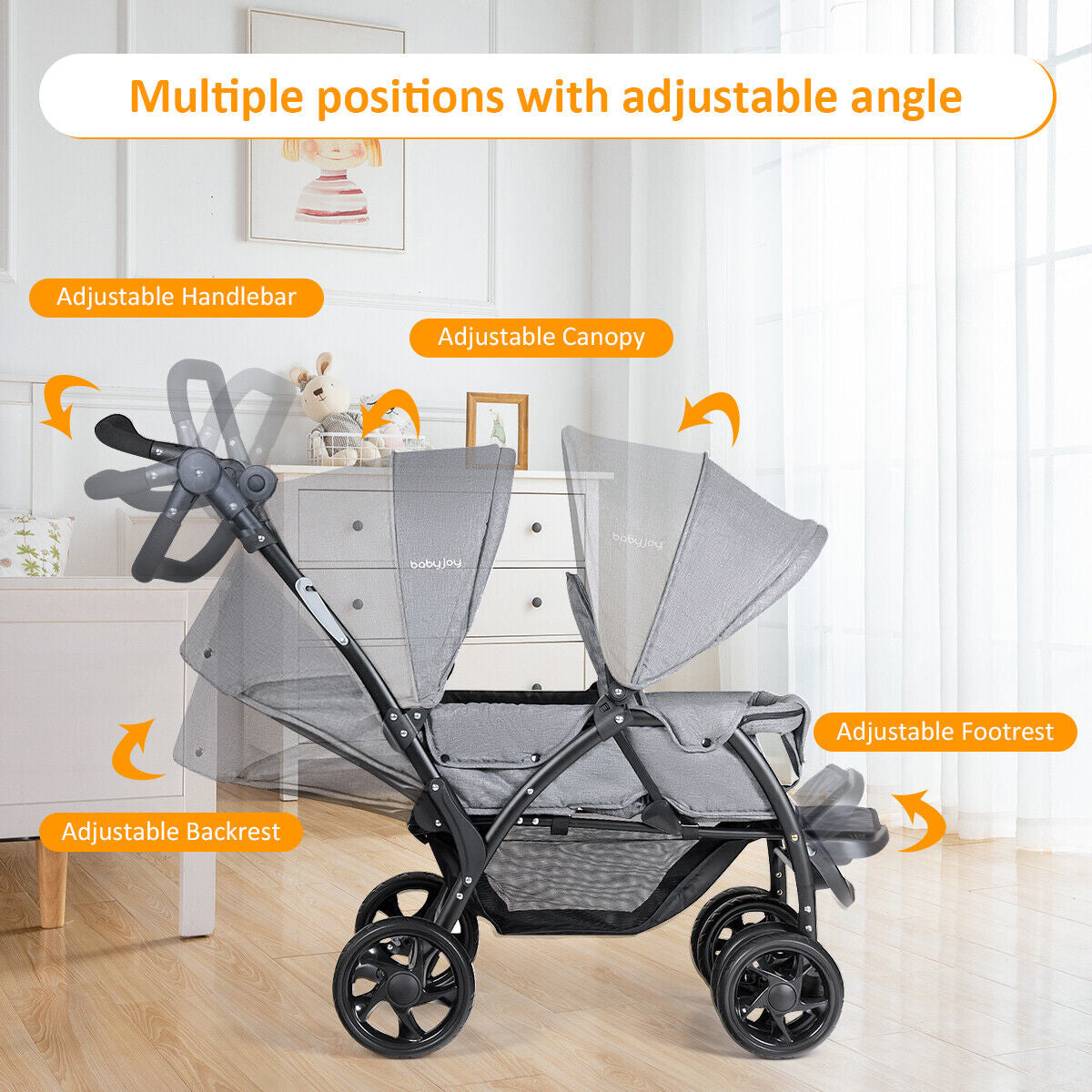 Baby Pram Double Seat Safety Belt Adjustable Backrest Buggy Pushchair Stroller