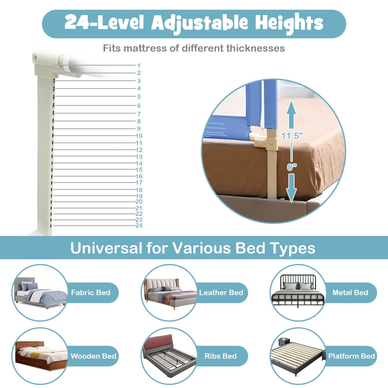 175 Cm Infant Safety Bed Guardrail with Anti-Collision Cotton and Side Pocket