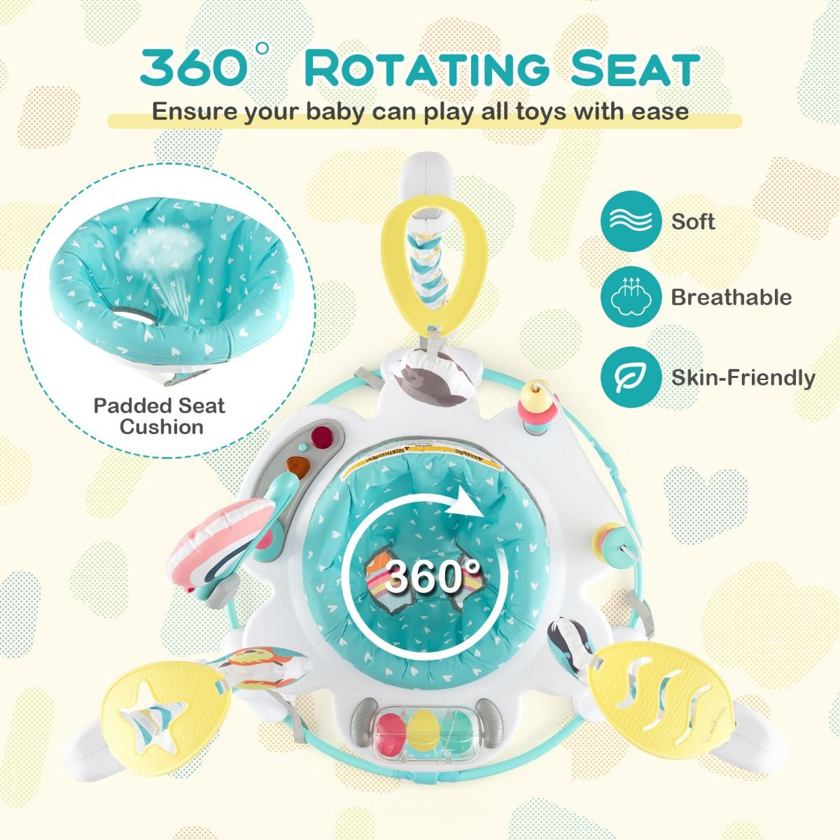 Baby Stationary Activity Center with 360° Rotary Seat and 3 Adjustable Heights for 6 Months+