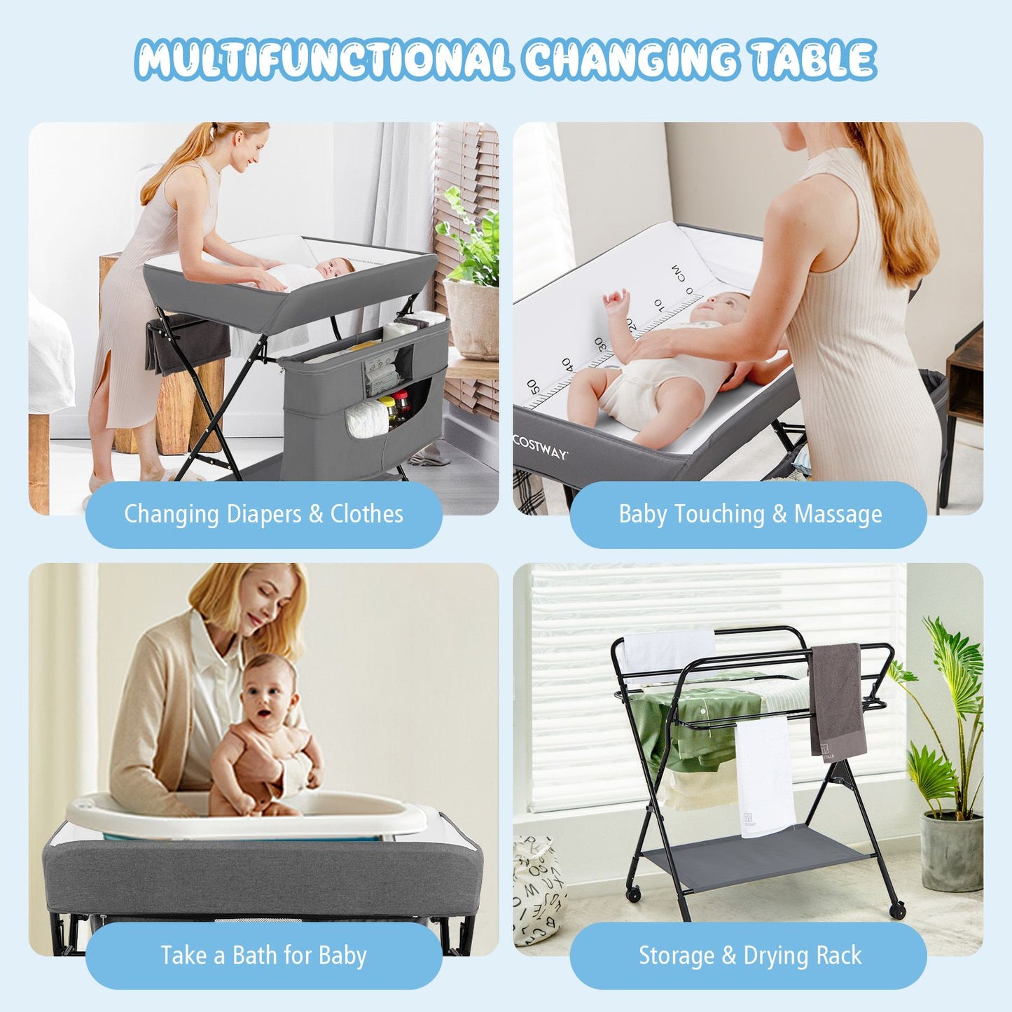Folding Changing Table with 4-Level Adjustable Height and Wheels
