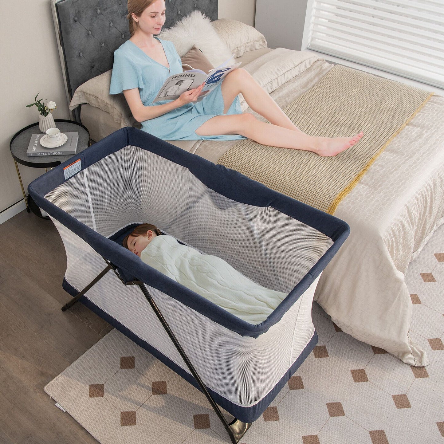 Portable Baby Travel Crib with Removable Mattress and Washable Cover