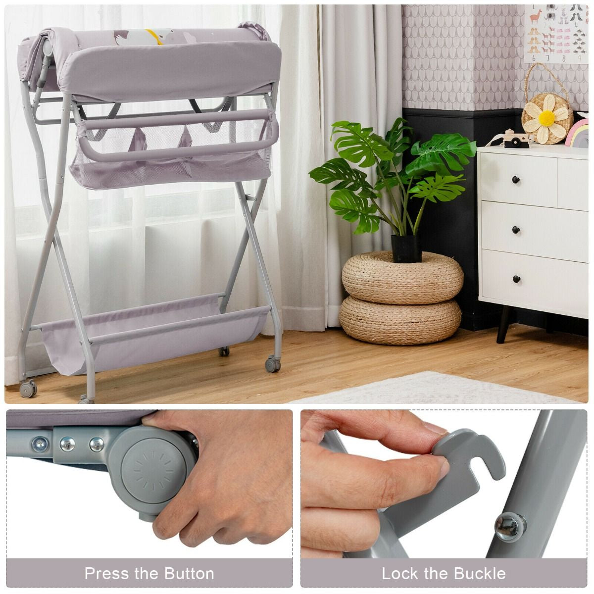 Rolling Baby Changing Table with Large Storage Basket