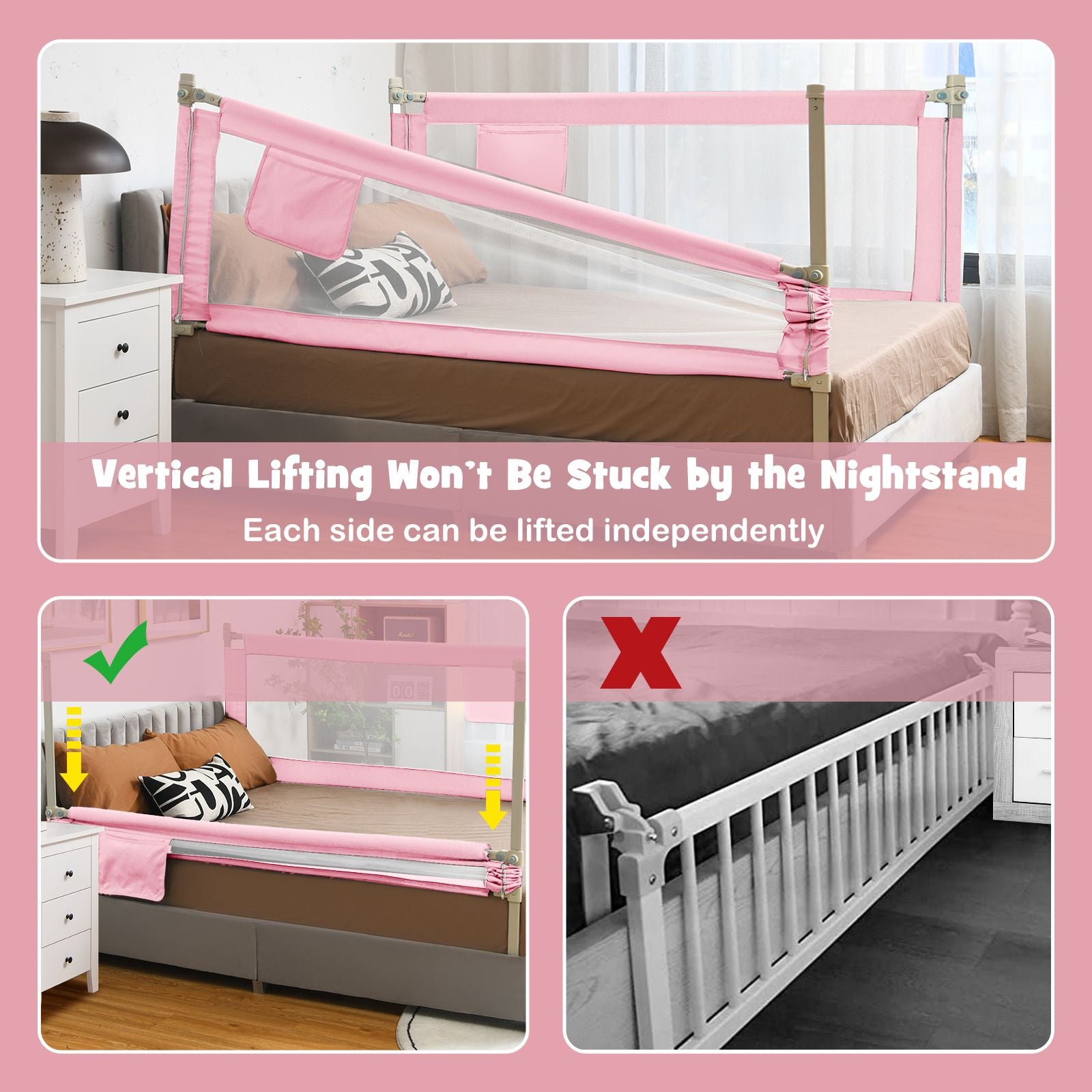 175 Cm Infant Safety Bed Guardrail with Anti-Collision Cotton and Side Pocket