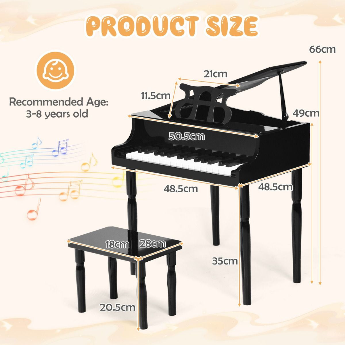 30-Key Classical Learn-To-Play Musical Instrument Toy with Music Stand and Solid Wood Legs