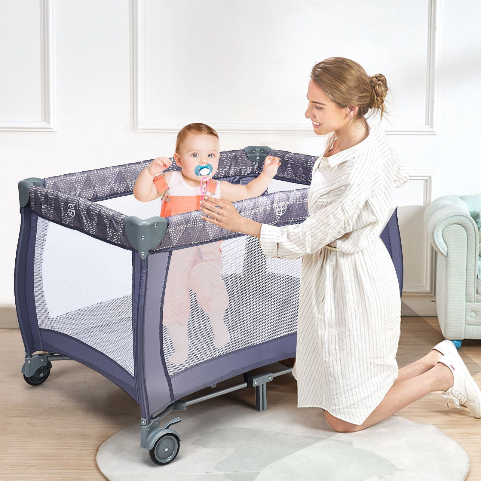 3 in 1 Convertible Bassinet Cot with Changing Table and Toy Bar