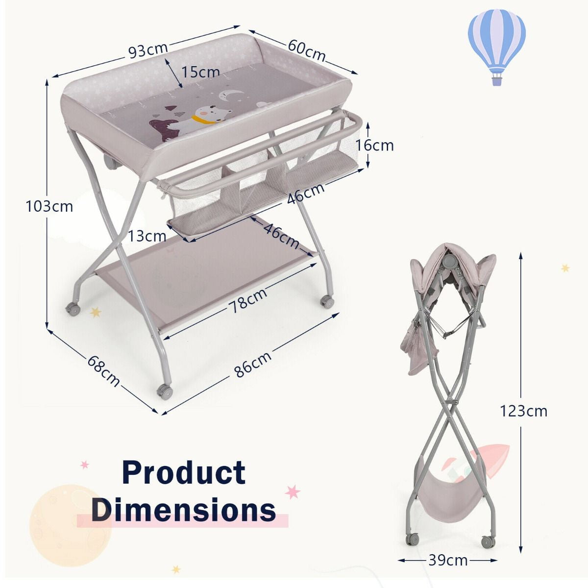 Rolling Baby Changing Table with Large Storage Basket