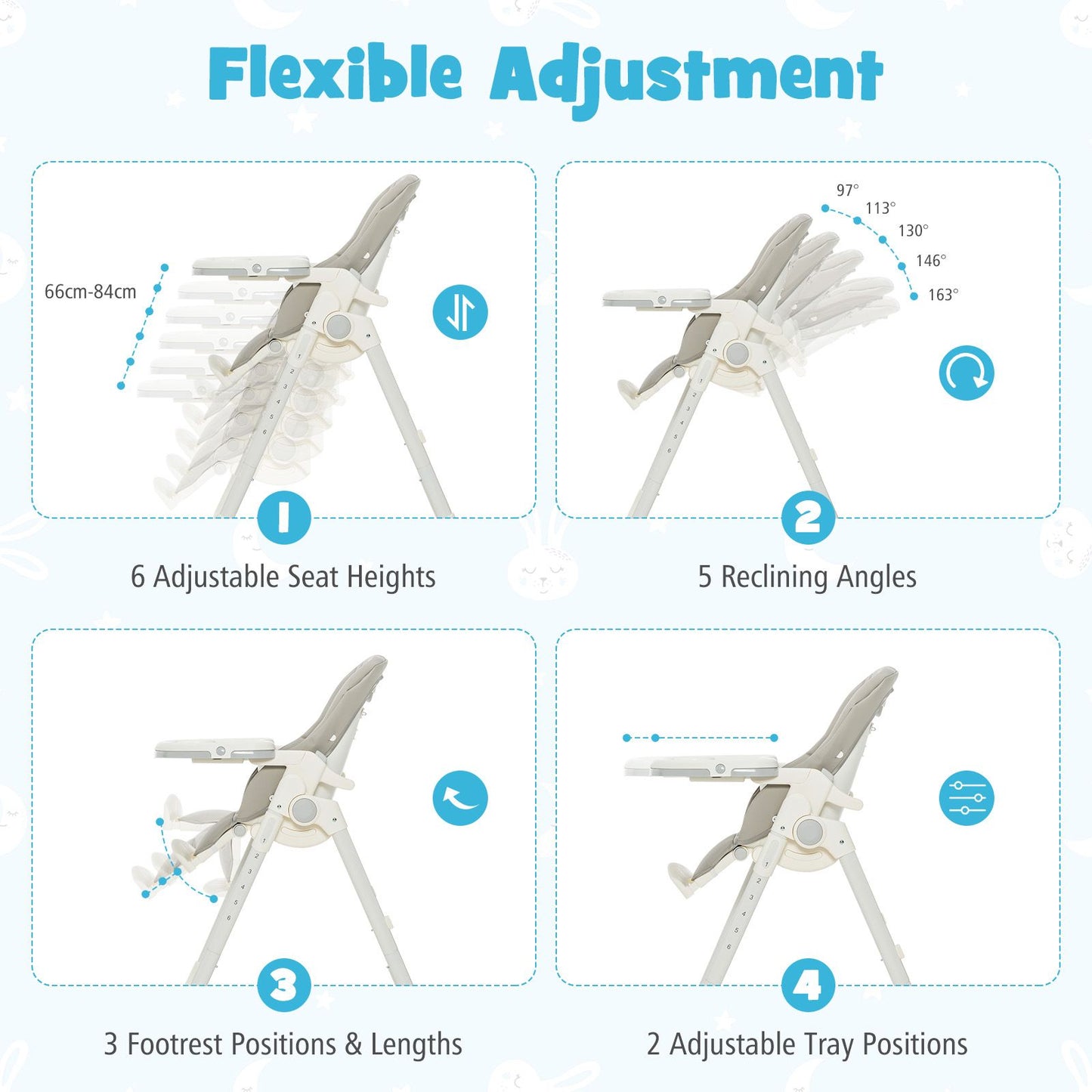 Folding Adjustable High Chair with 5 Recline Positions for Babies Toddlers