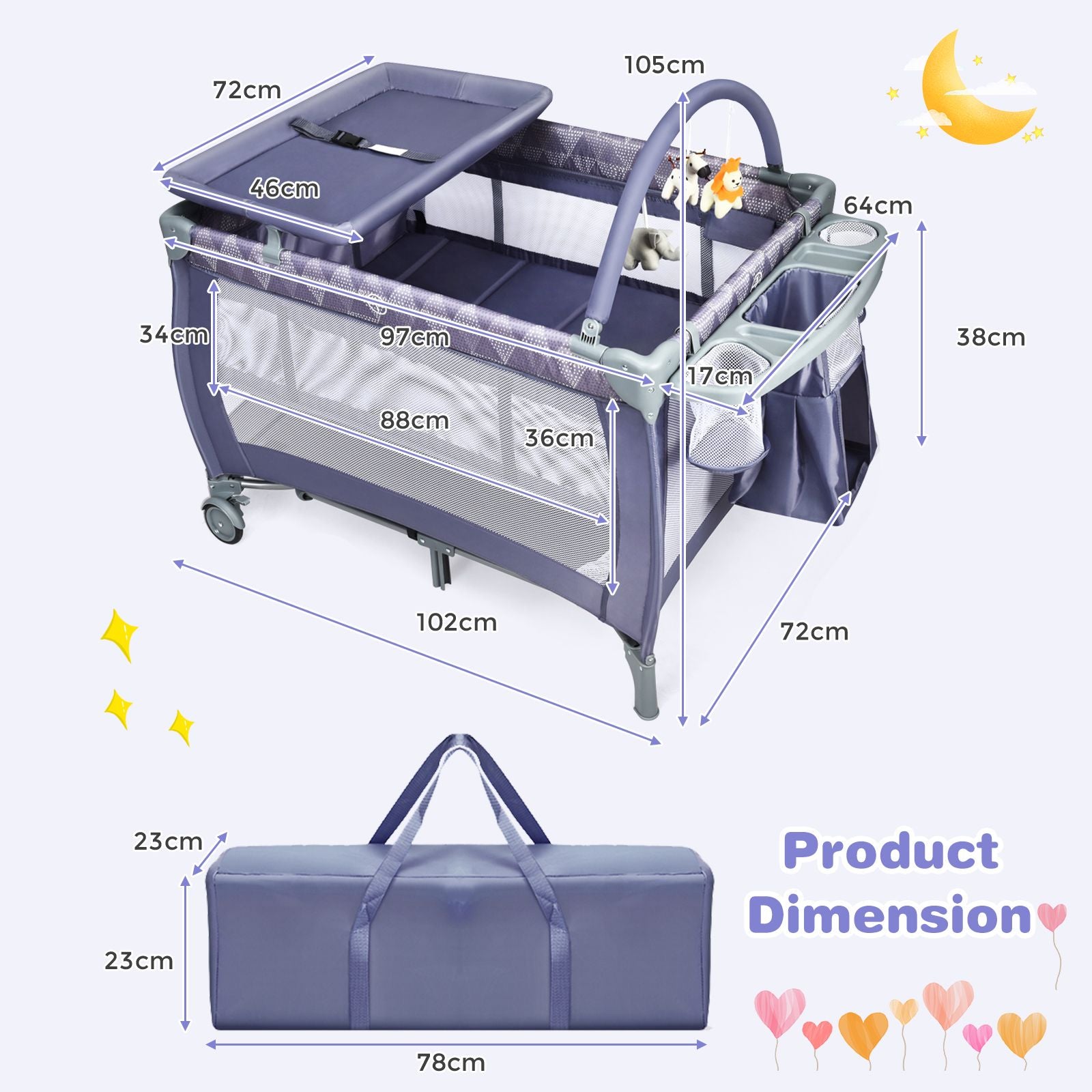 3 in 1 Convertible Bassinet Cot with Changing Table and Toy Bar