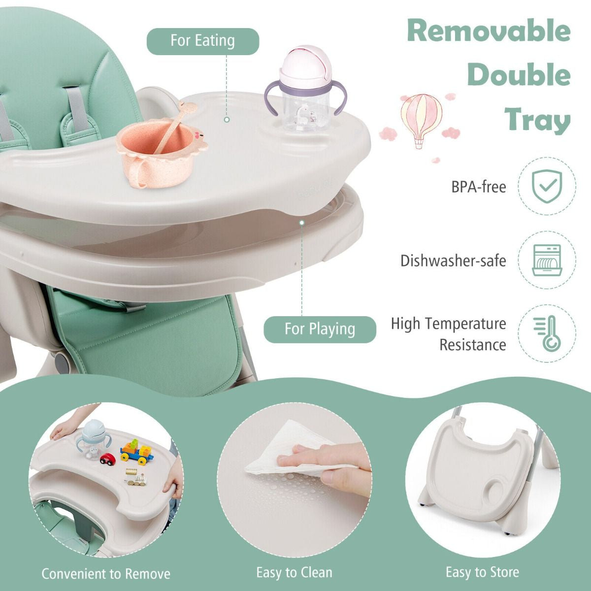 Foldable Convertible Baby High Chair with Adjustable Height and Removable Tray