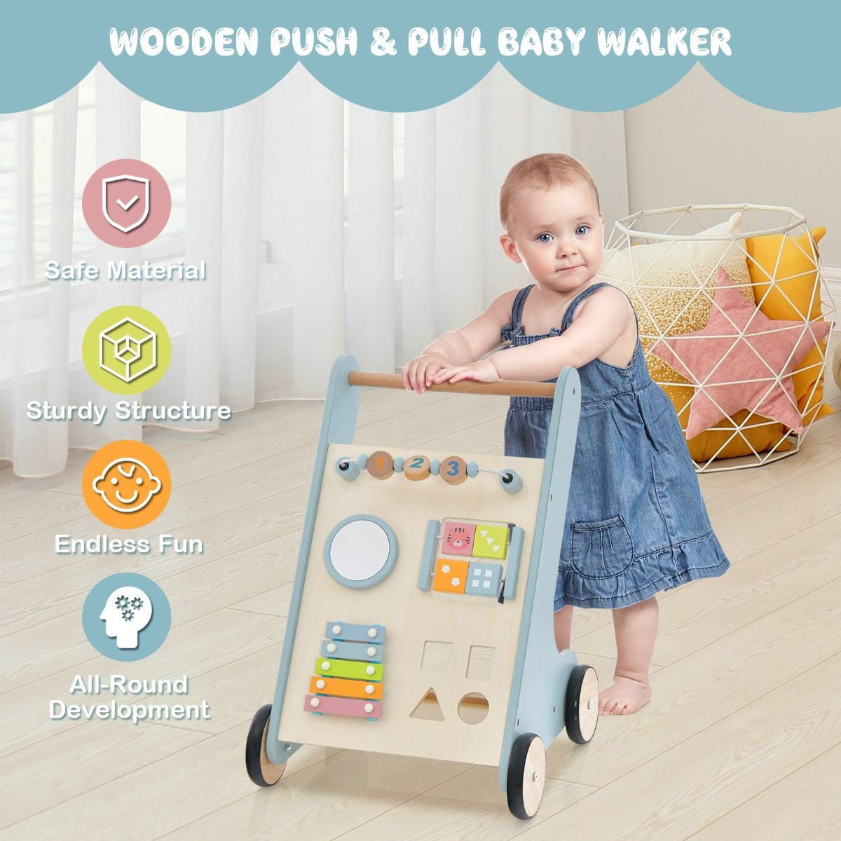 Toddler Push Walker with Xylophone and Flip Blocks