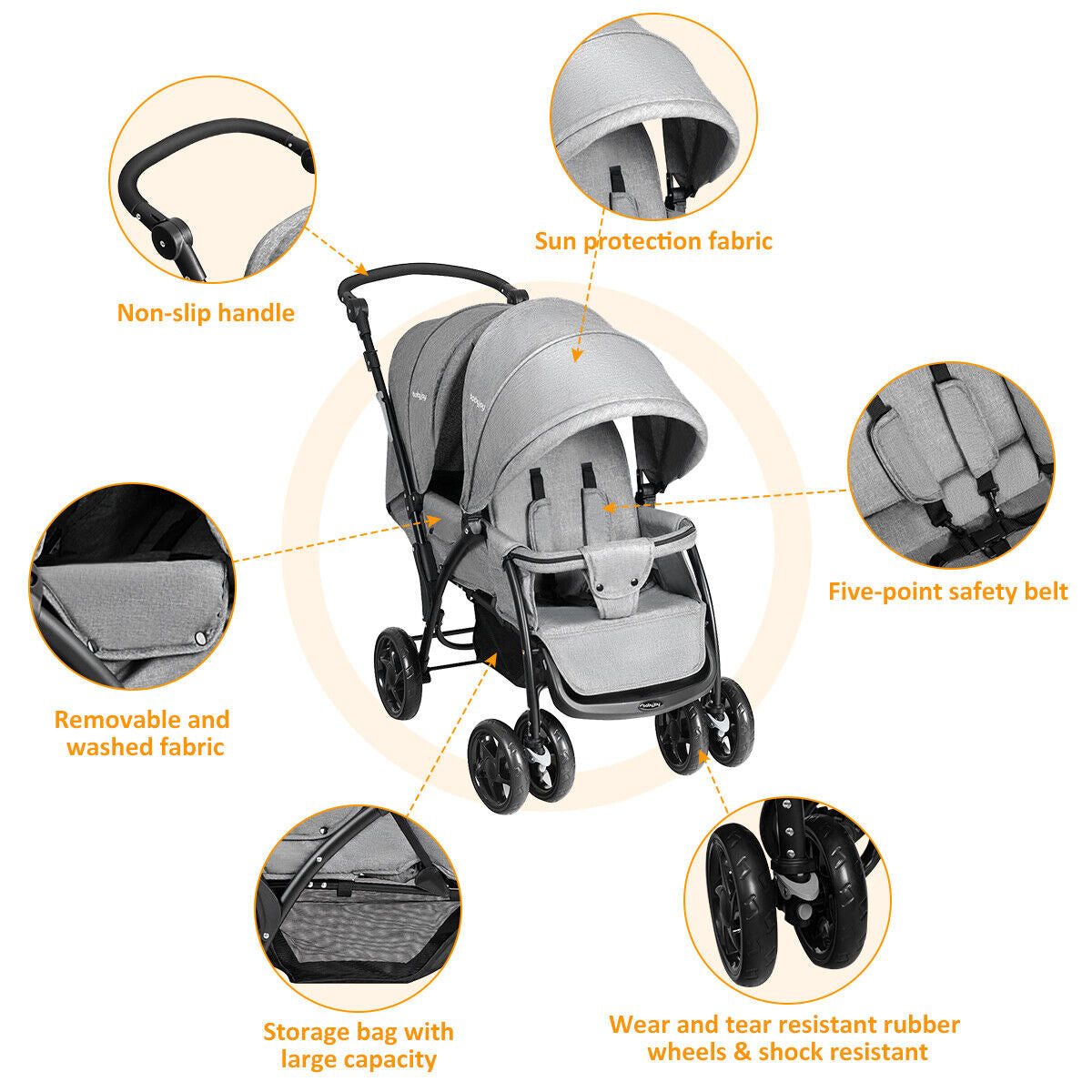 Baby Pram Double Seat Safety Belt Adjustable Backrest Buggy Pushchair Stroller