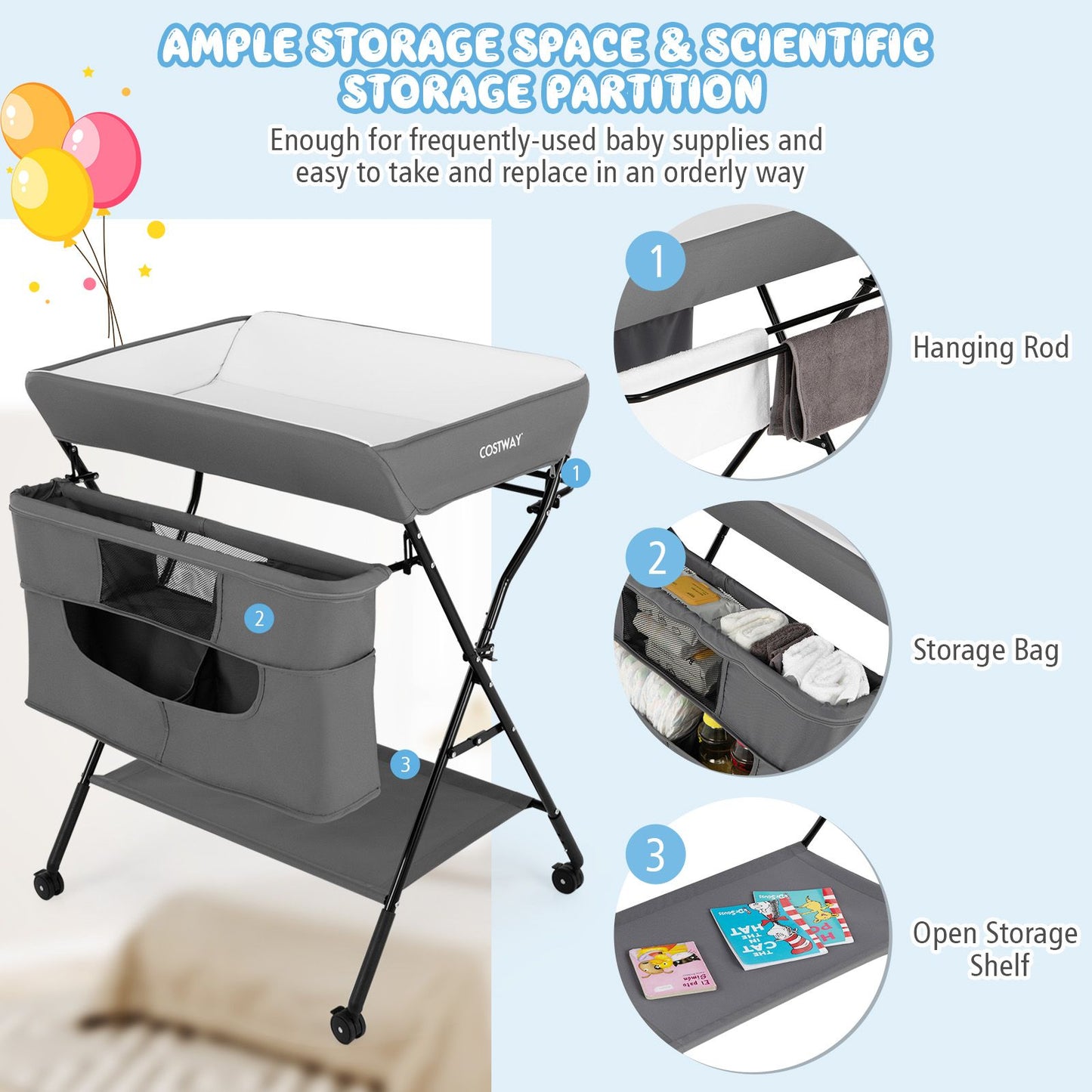 Folding Changing Table with 4-Level Adjustable Height and Wheels
