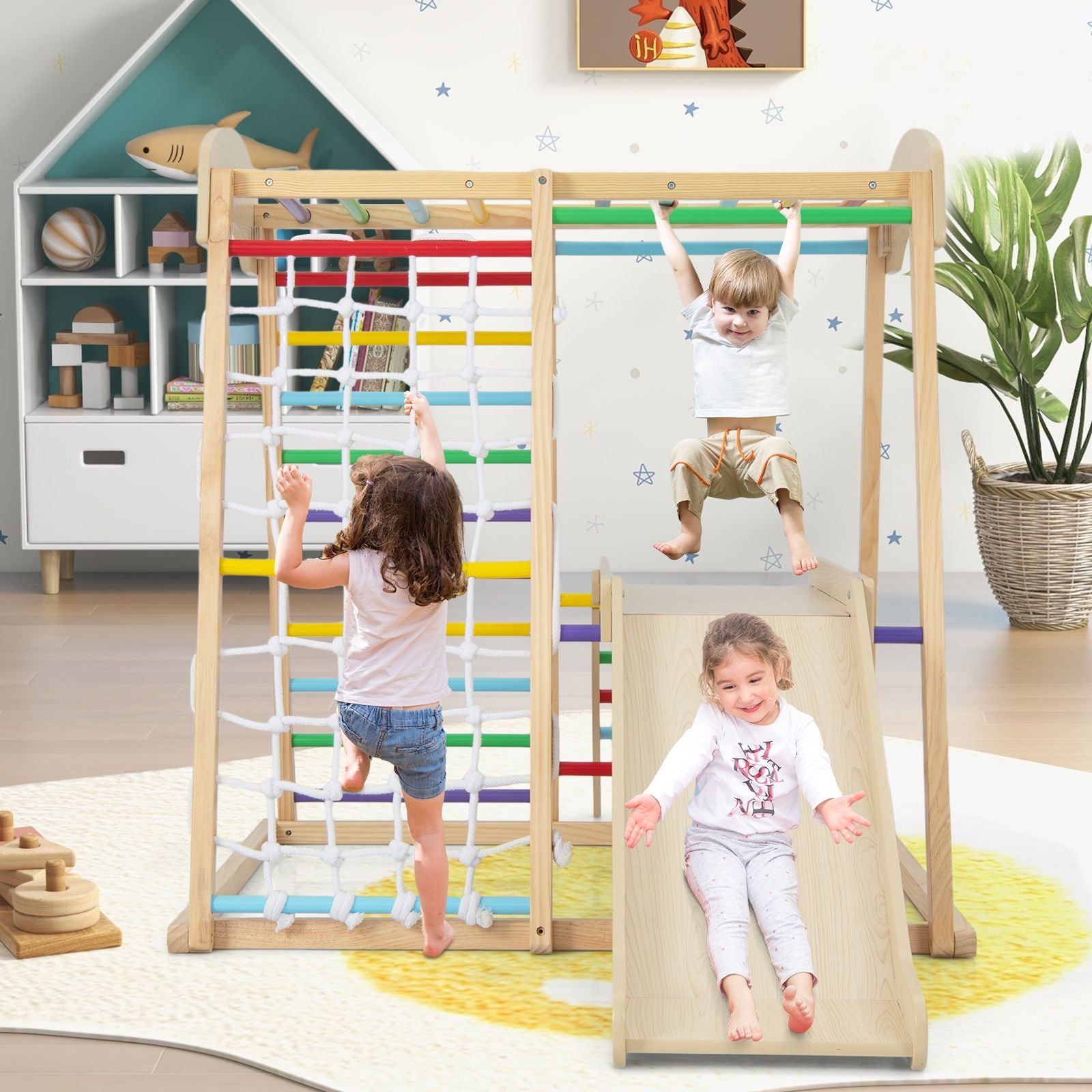 6-In-1 Indoor Jungle Gym Kids Wooden Playground Climber Playset