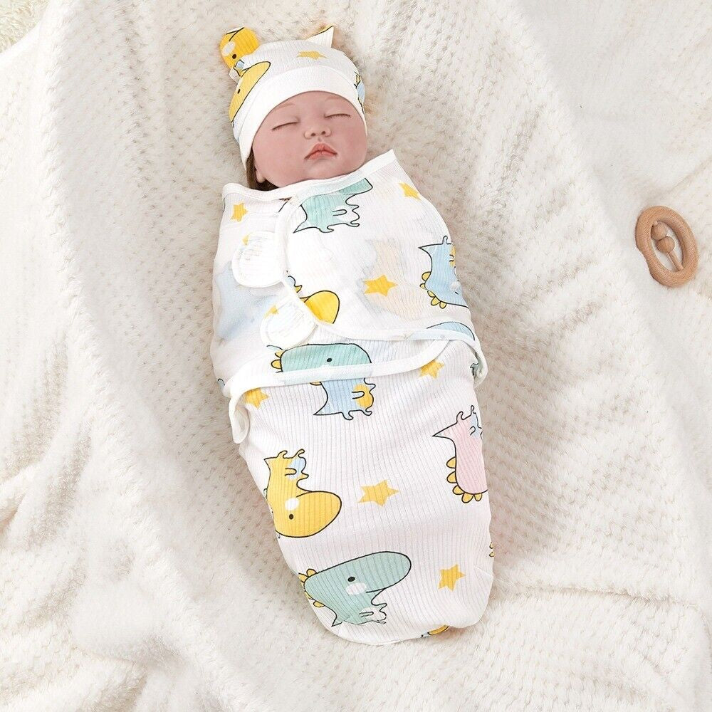 Soft Baby Swaddle Wrap Adjustable Newborn Wrap Baby Hat Set Birth Outfit